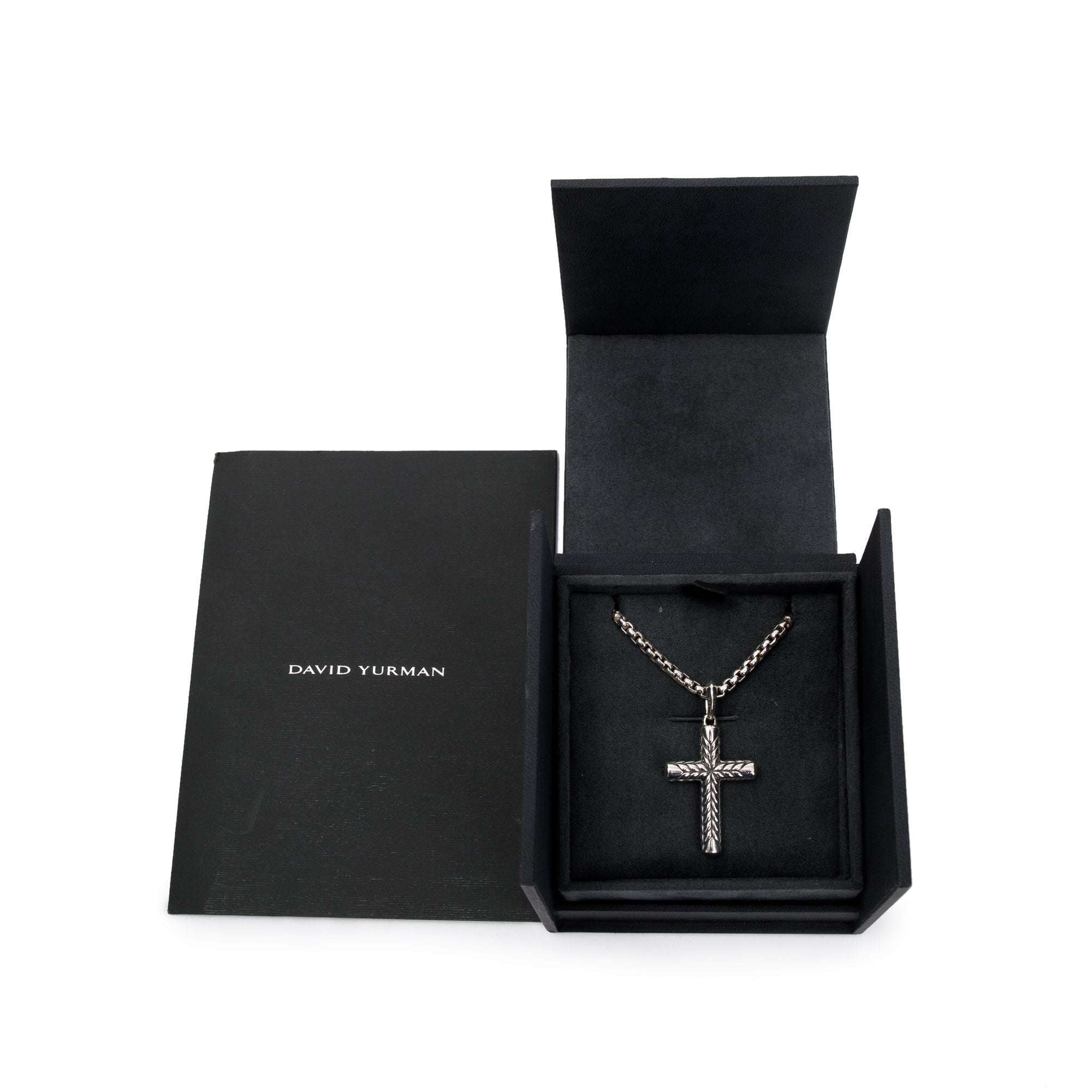 David Yurman Sterling Silver Black Diamond Chevron Sculpted Cross Pendant Necklace w/ Box & Receipt