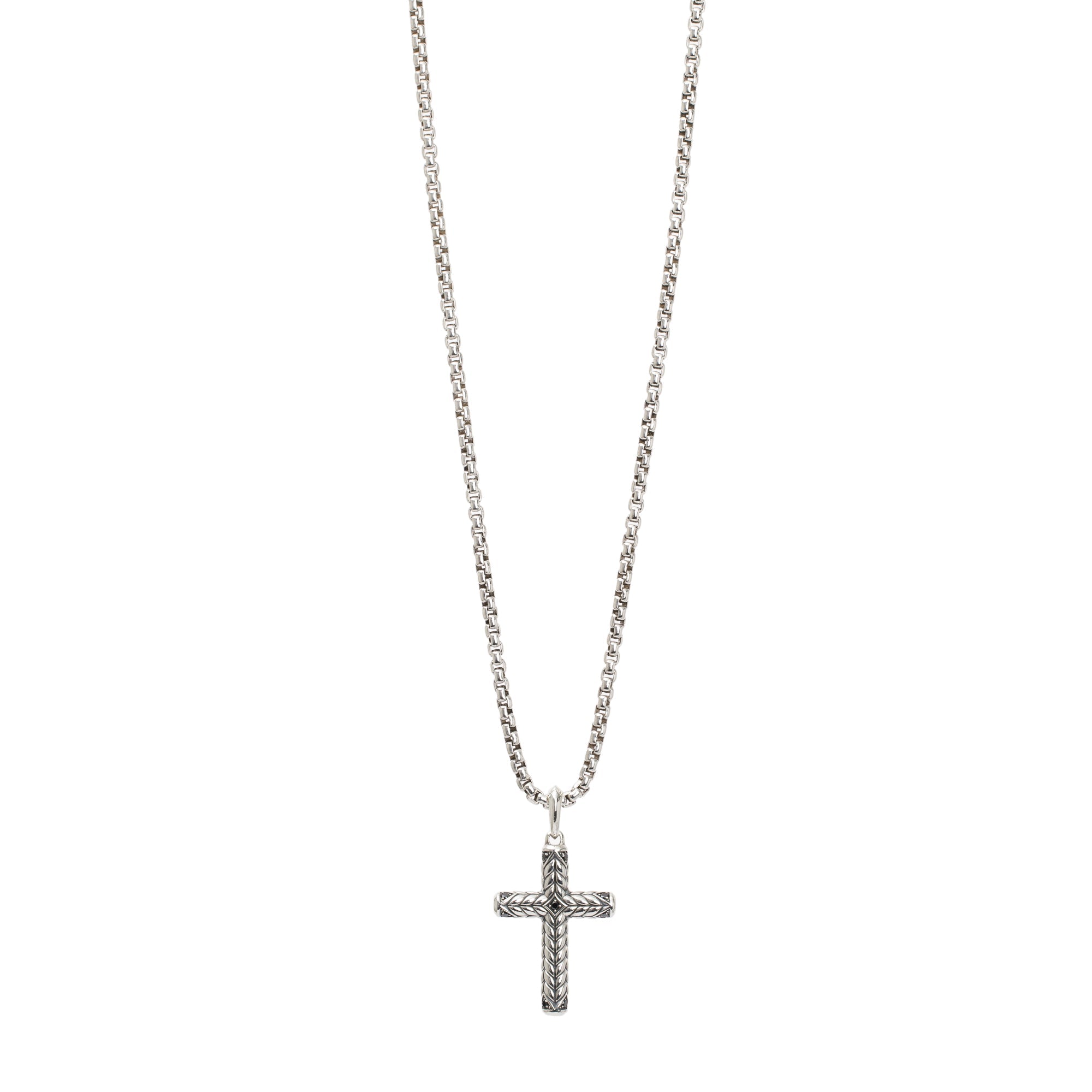 David Yurman Sterling Silver Black Diamond Chevron Sculpted Cross Pendant Necklace w/ Box & Receipt