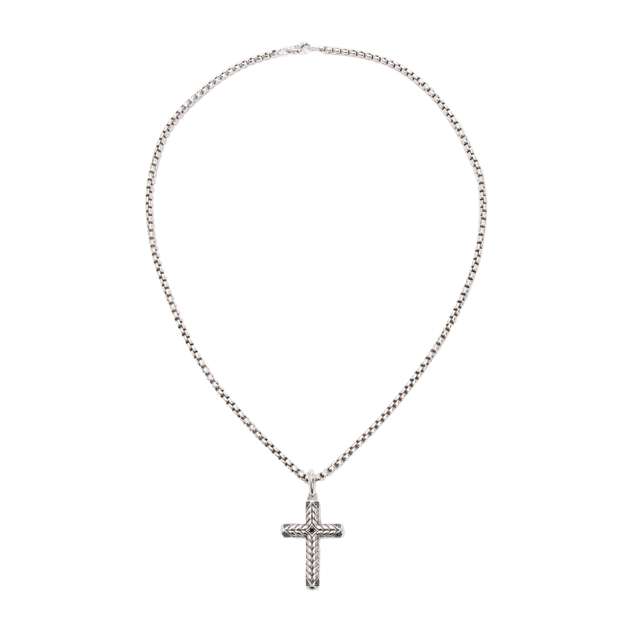 David Yurman Sterling Silver Black Diamond Chevron Sculpted Cross Pendant Necklace w/ Box & Receipt