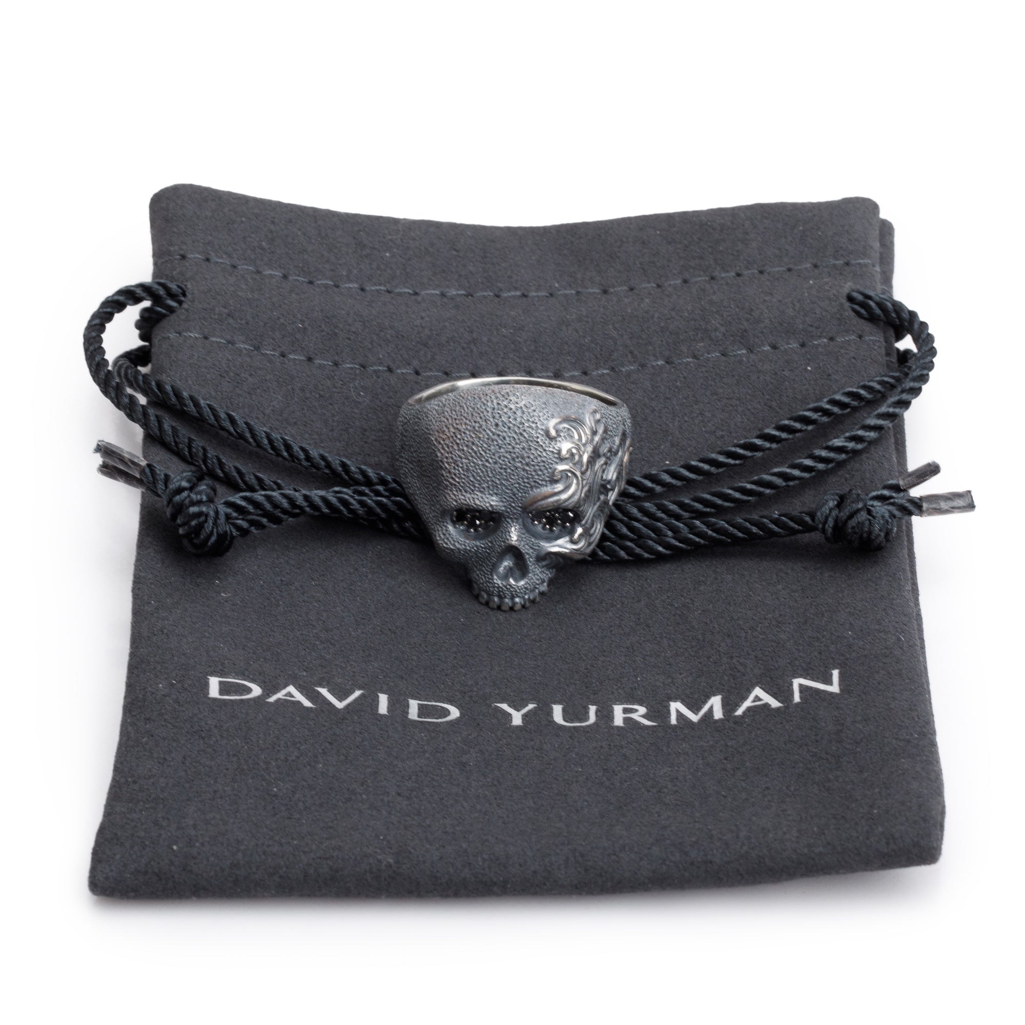 David Yurman Sterling Silver Black Diamond Waves Skull Ring, Size 12.75