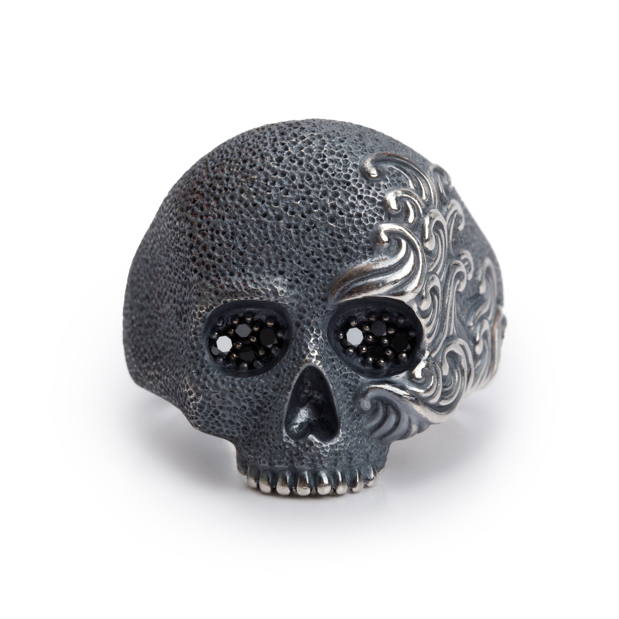 David Yurman Sterling Silver Black Diamond Waves Skull Ring, Size 12.75