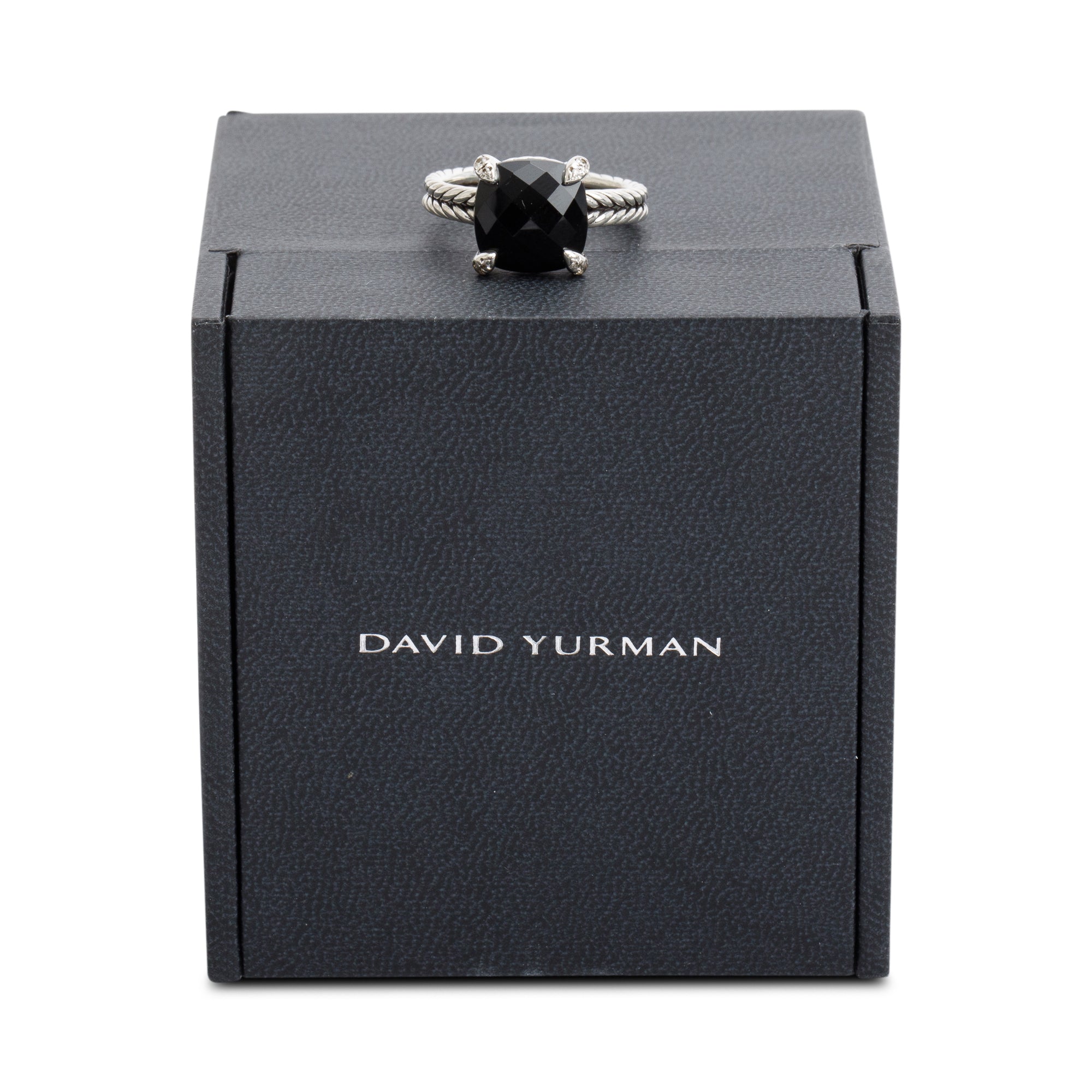 David Yurman Sterling Silver Black Onyx & Diamond Chatelaine Ring, Size 8 w/ Box