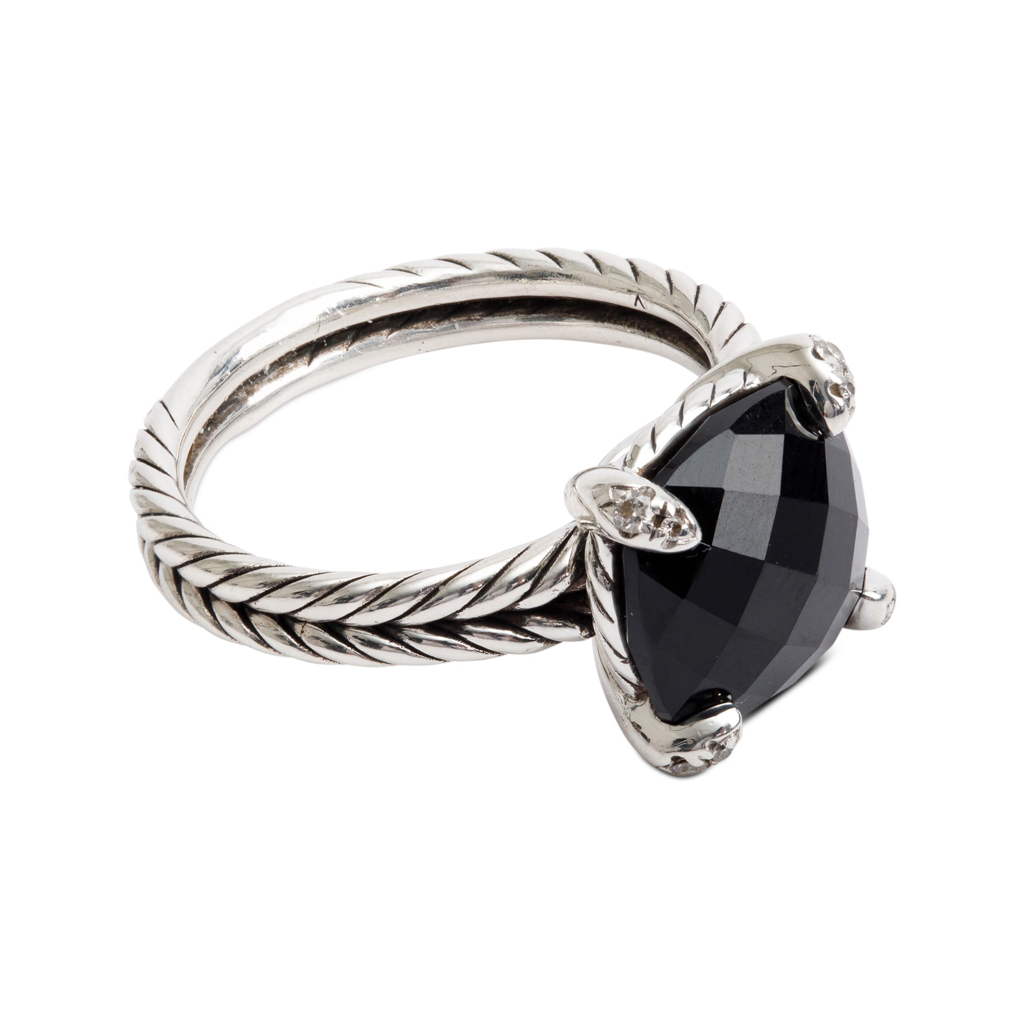 David Yurman Sterling Silver Black Onyx & Diamond Chatelaine Ring, Size 8 w/ Box