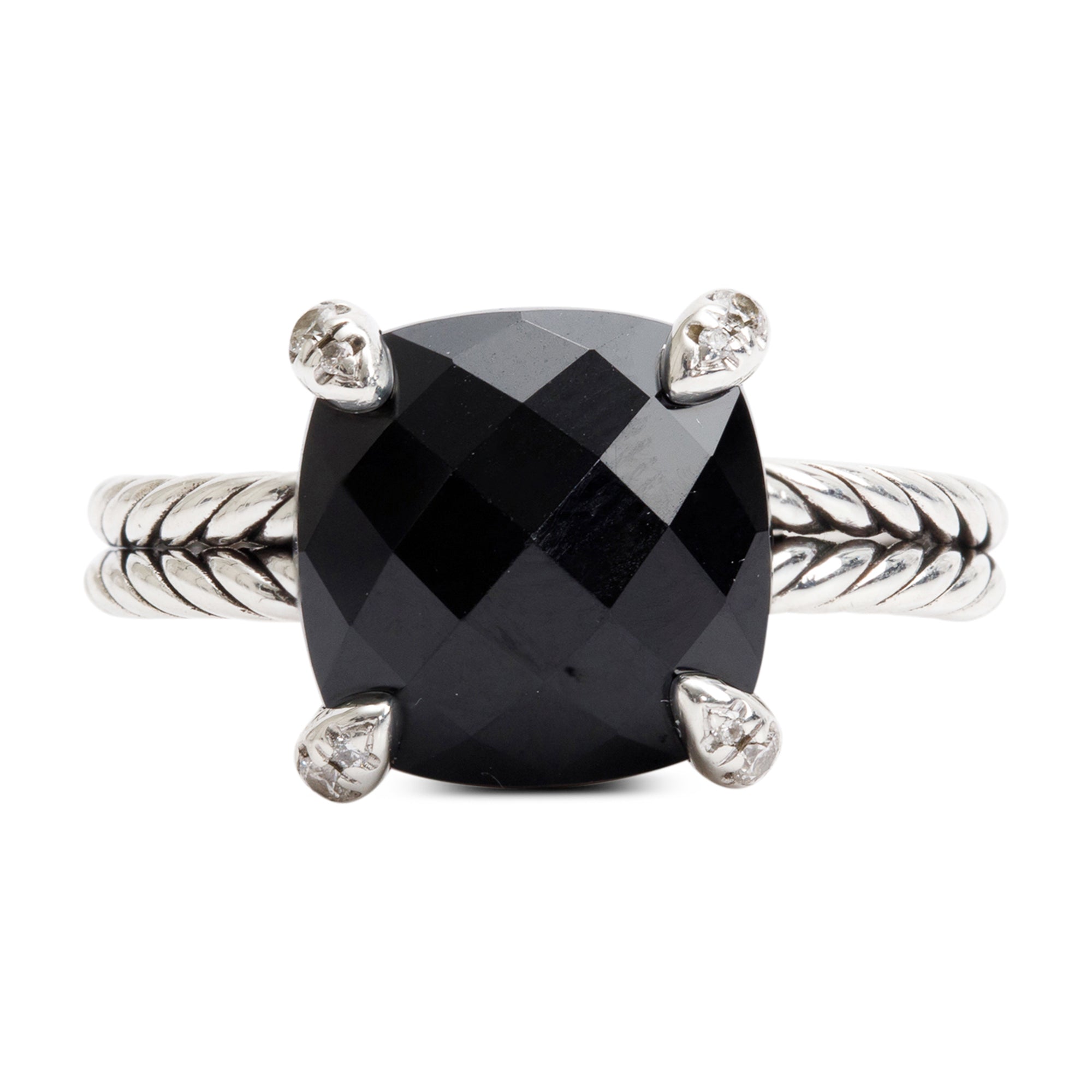 David Yurman Sterling Silver Black Onyx & Diamond Chatelaine Ring, Size 8 w/ Box