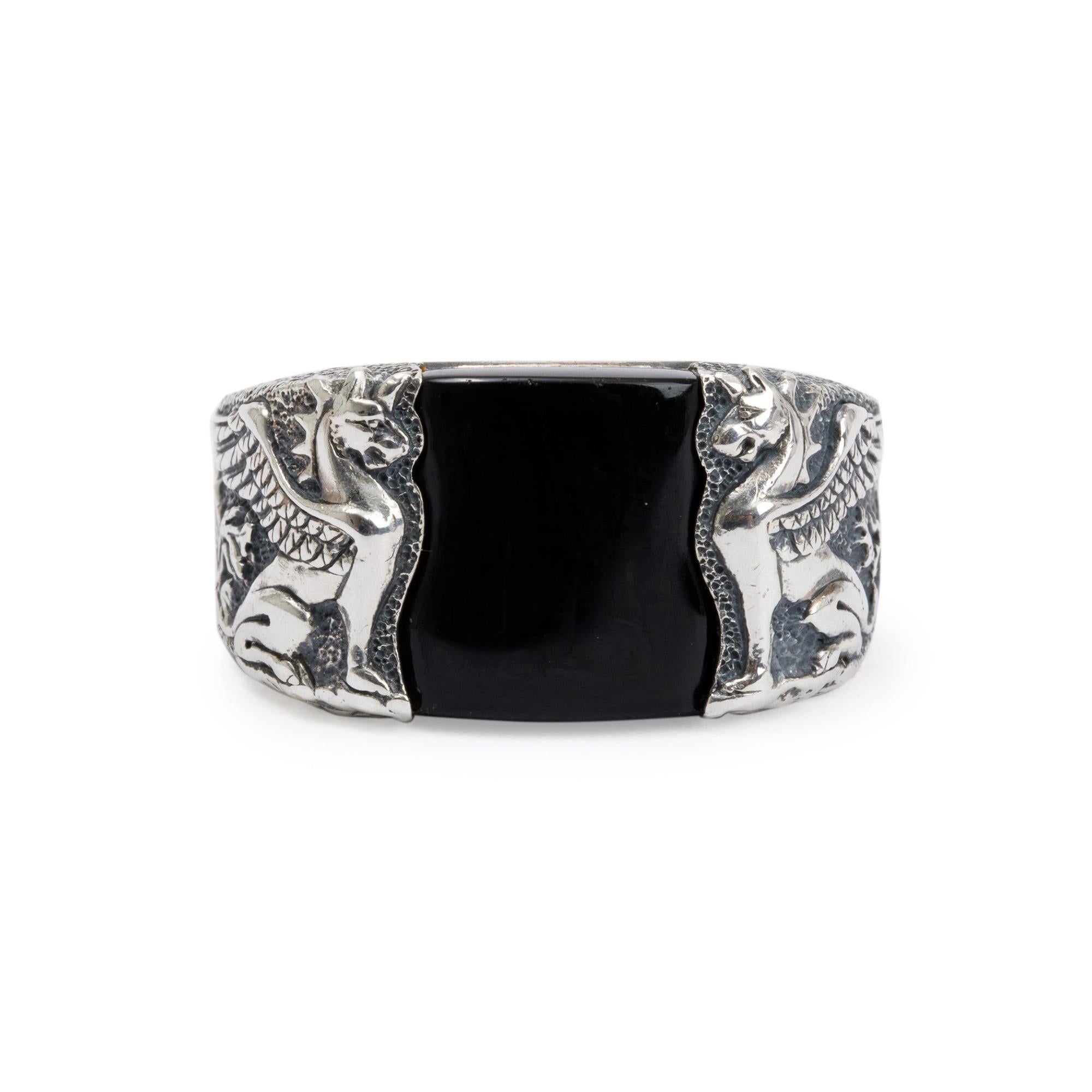 David Yurman Sterling Silver Black Onyx Petrvs Griffin Signet Ring, Size 9.75