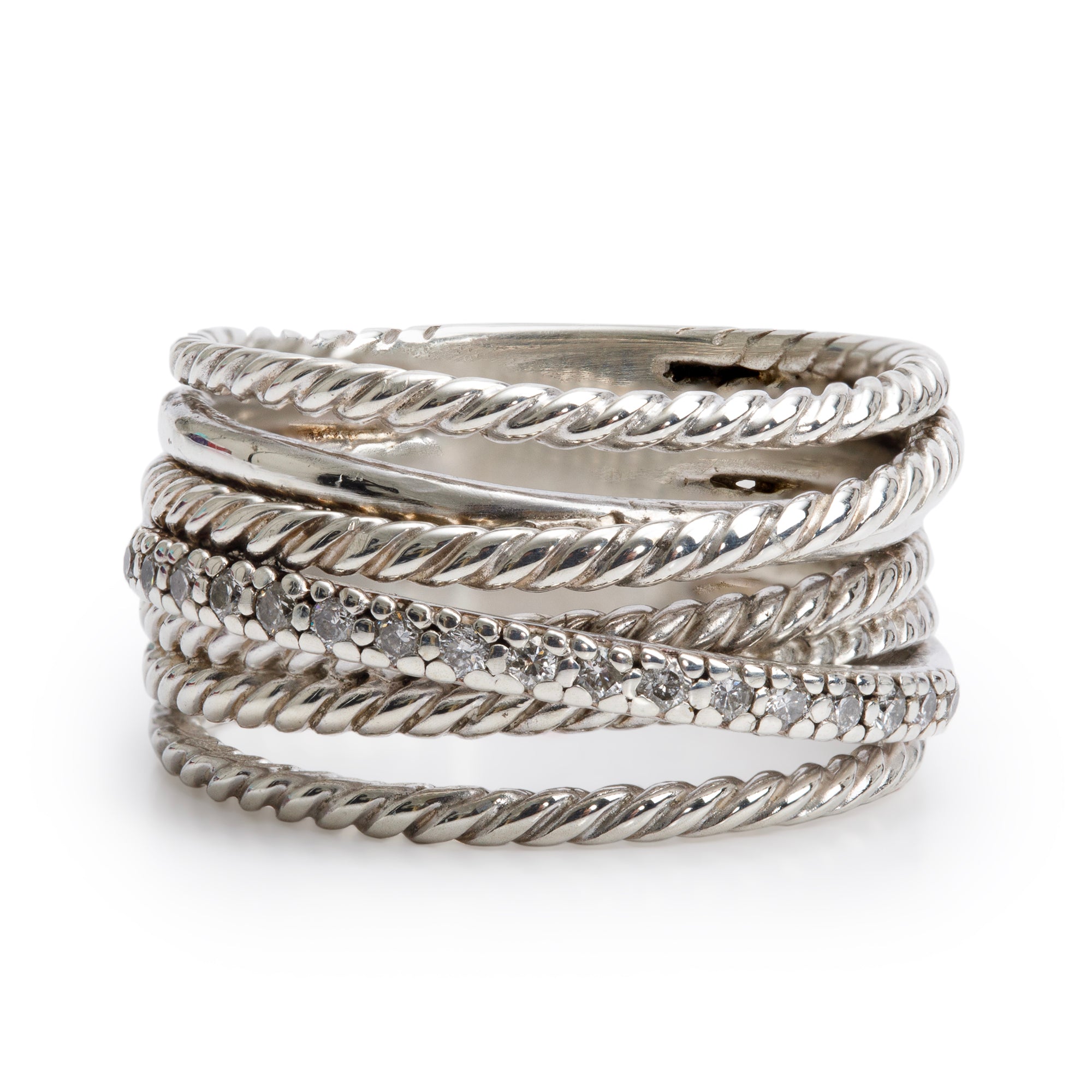 David Yurman Sterling Silver Diamond Crossover Ring, Size 6.75