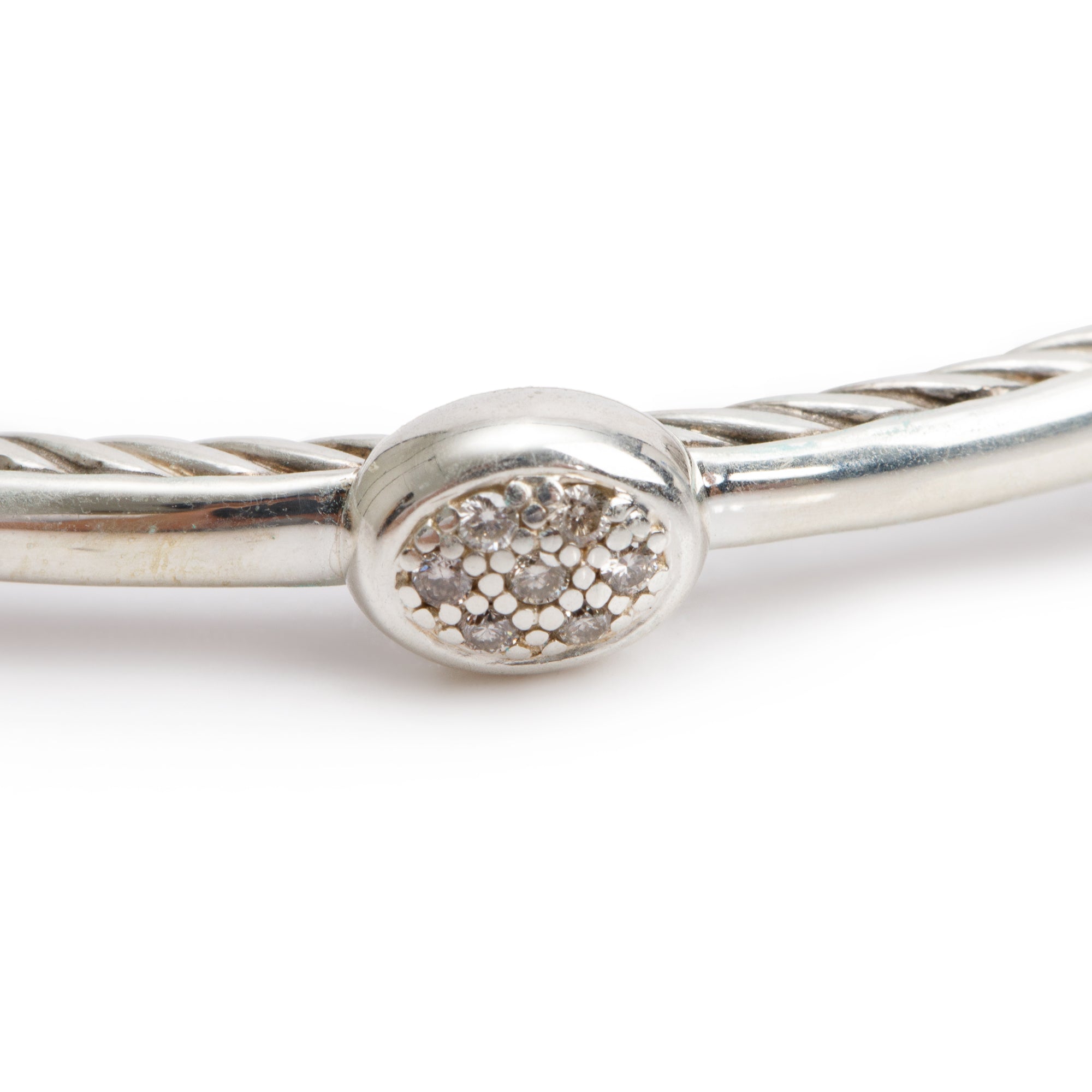 David Yurman Sterling Silver Diamond Oval Station 3 MM Cable Bangle Bracelet