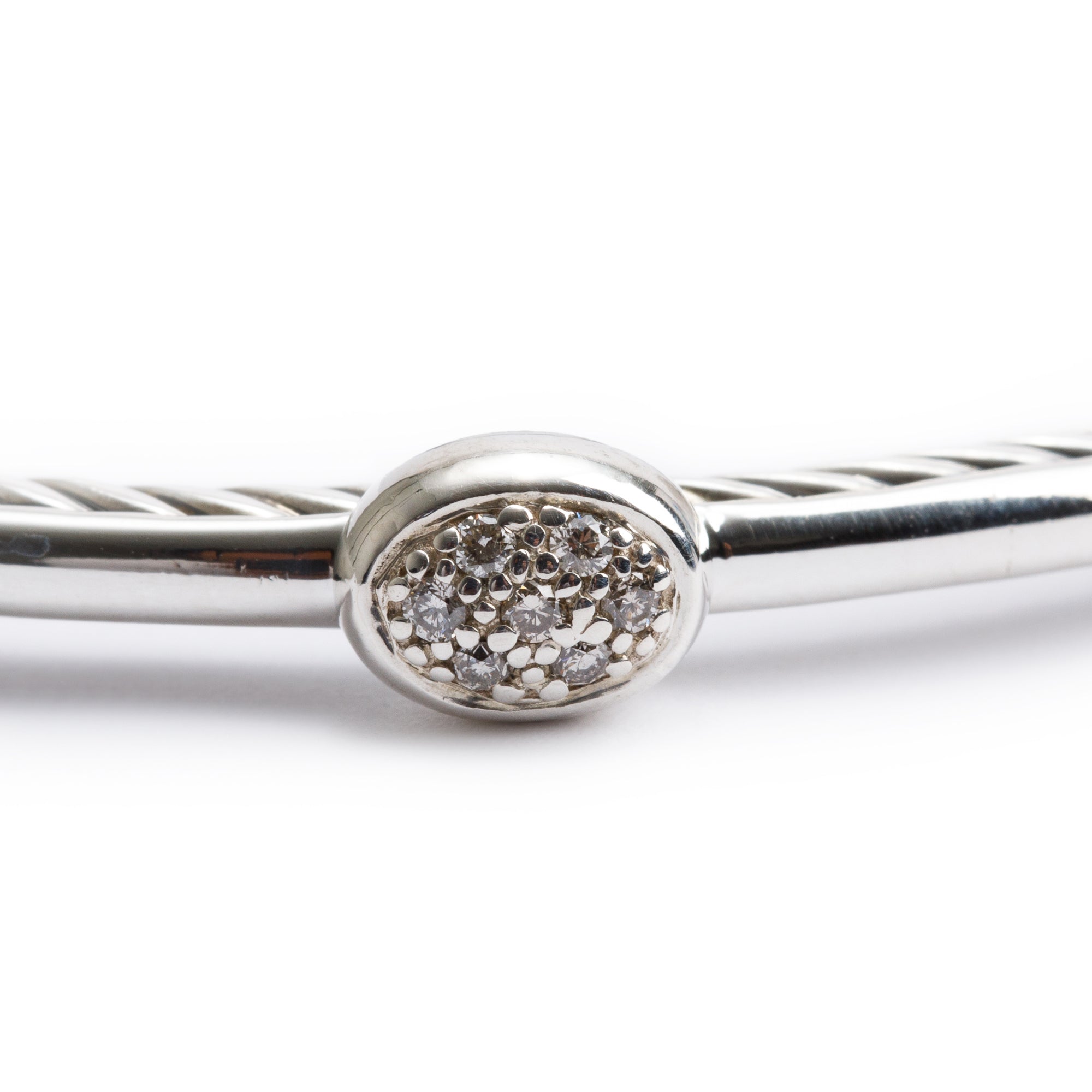 David Yurman Sterling Silver Diamond Oval Station 3 MM Cable Bangle Bracelet