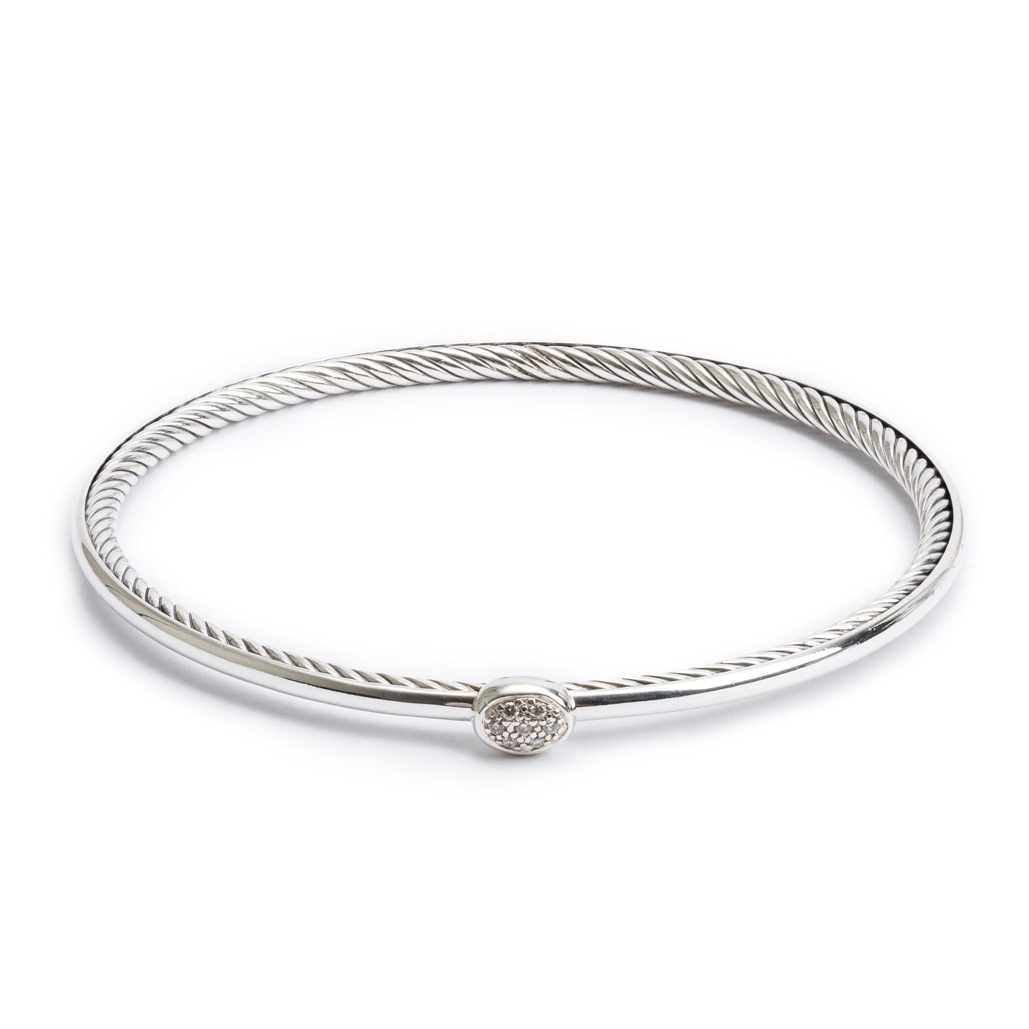David Yurman Sterling Silver Diamond Oval Station 3 MM Cable Bangle Bracelet