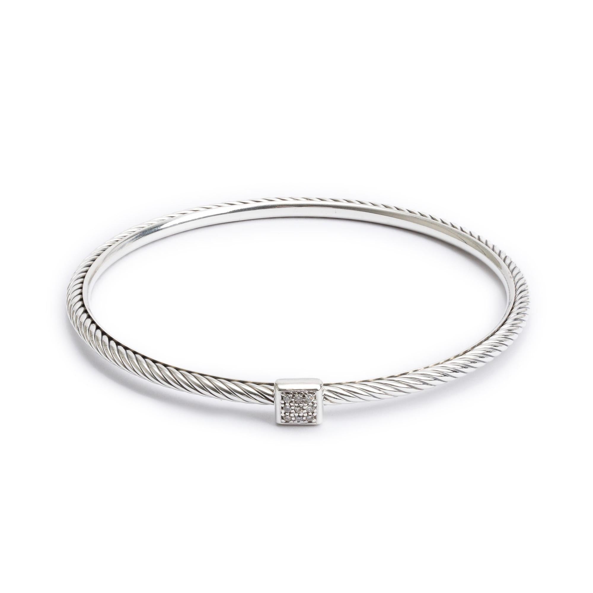 David Yurman Sterling Silver Diamond Square Station 3 MM Cable Bangle Bracelet