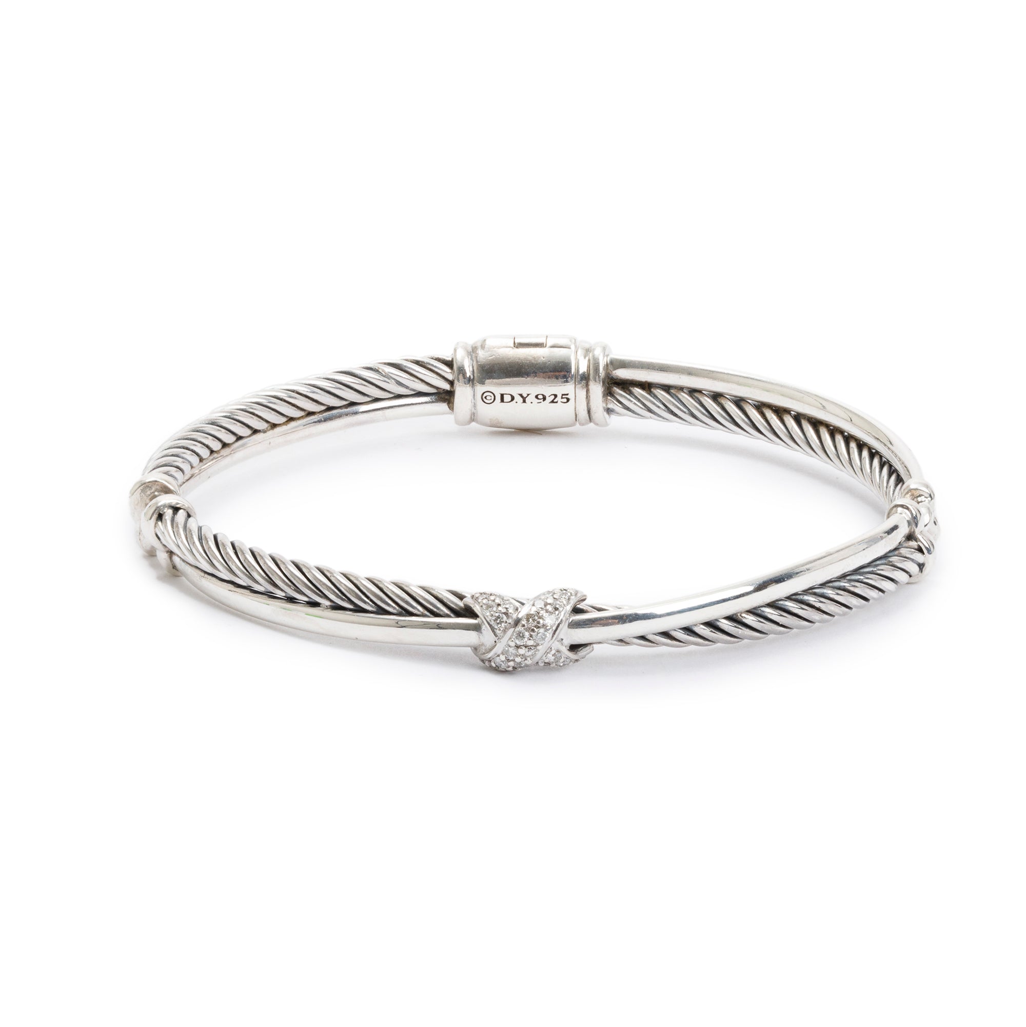 David Yurman Sterling Silver Diamond X Crossover Hinged Bangle Bracelet