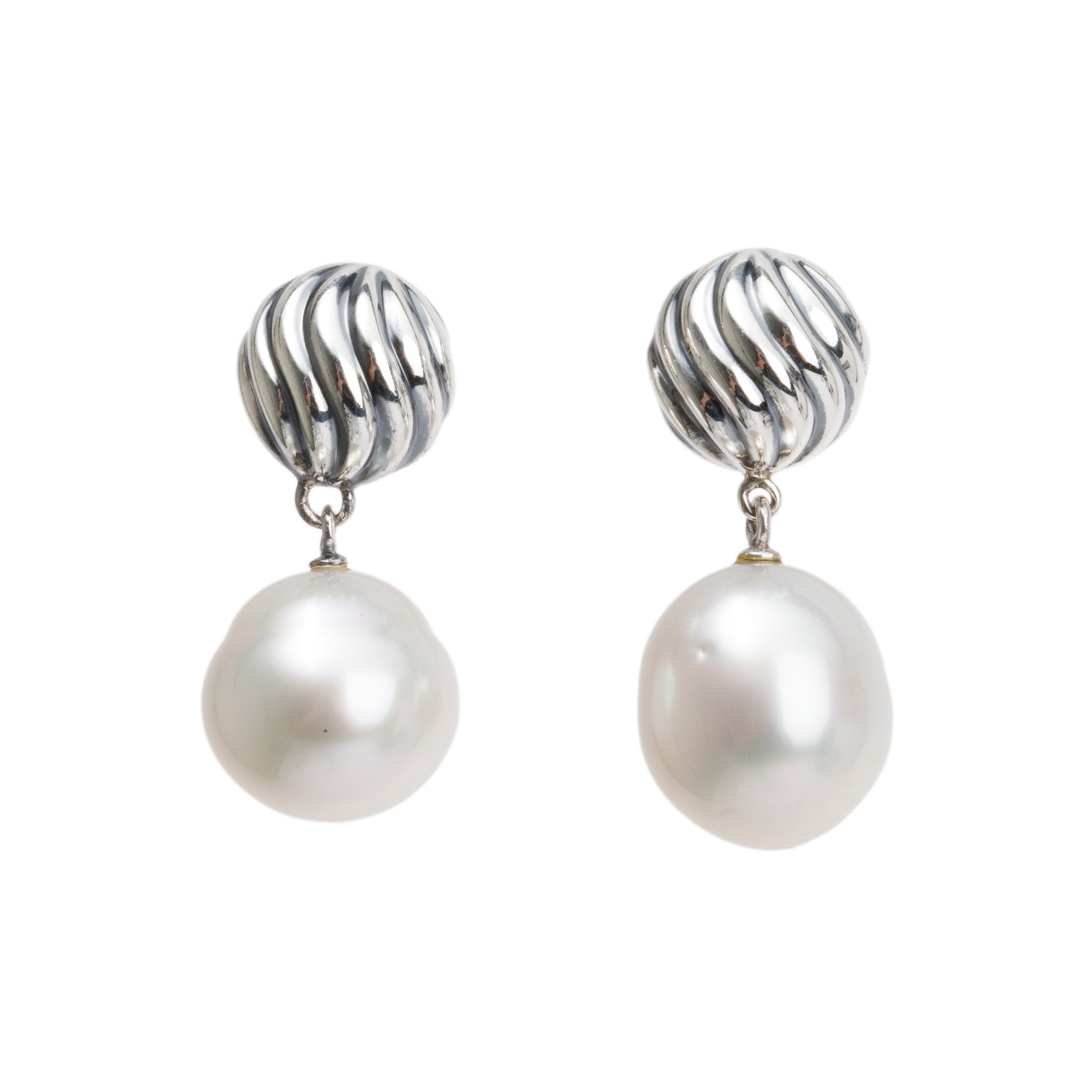 David Yurman Sterling Silver Element Pearl Cable Drop Earrings