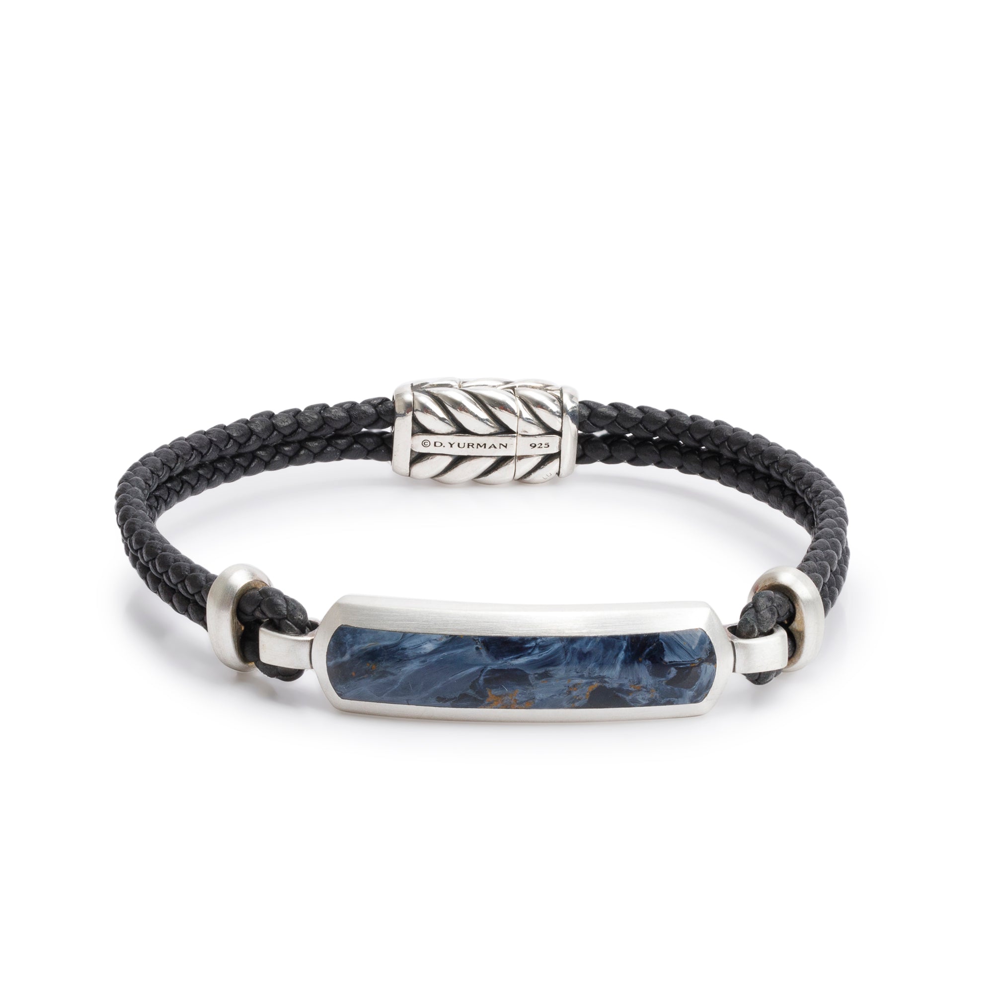 David Yurman Sterling Silver Exotic Stone Bar Station Leather Bracelet with Pietersite