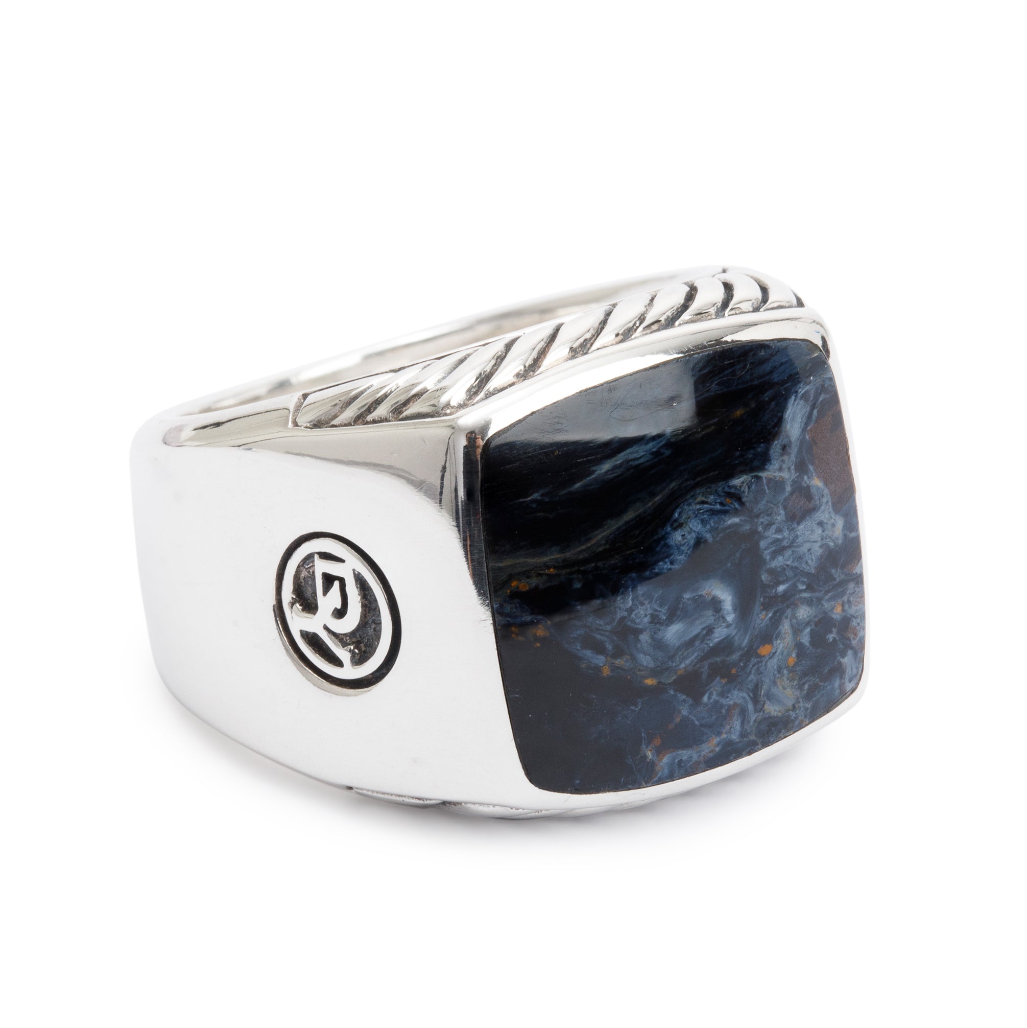 David Yurman Sterling Silver Exotic Stone Signet Ring with Pietersite, Size 8.75