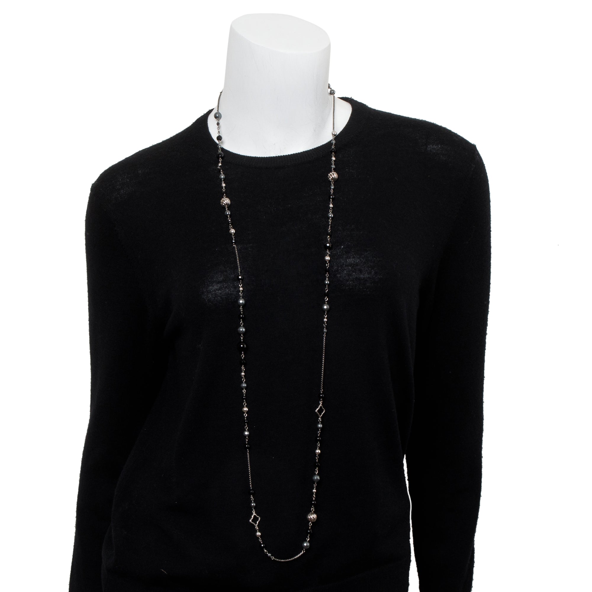 David Yurman Sterling Silver Hematite & Onyx Quatrefoil Bead Long Necklace