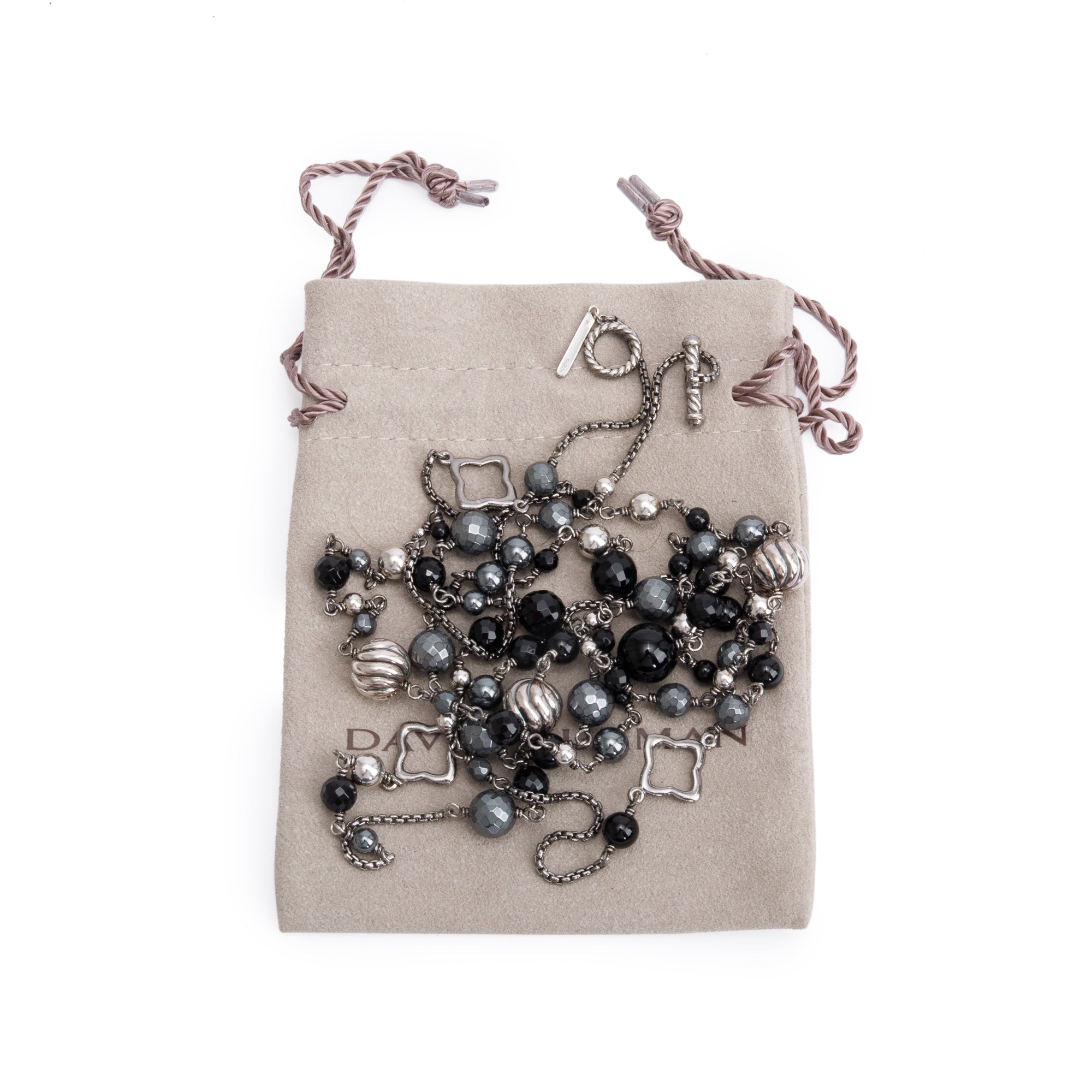 David Yurman Sterling Silver Hematite & Onyx Quatrefoil Bead Long Necklace