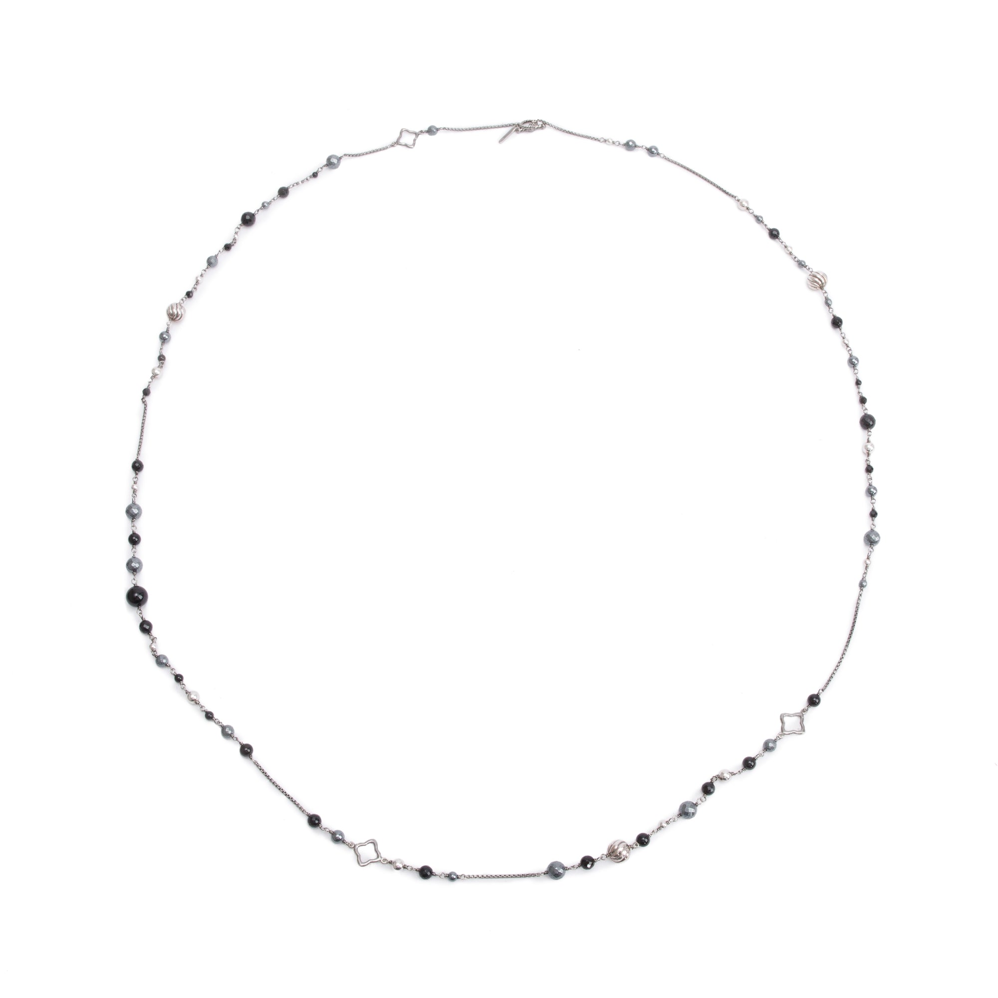 David Yurman Sterling Silver Hematite & Onyx Quatrefoil Bead Long Necklace