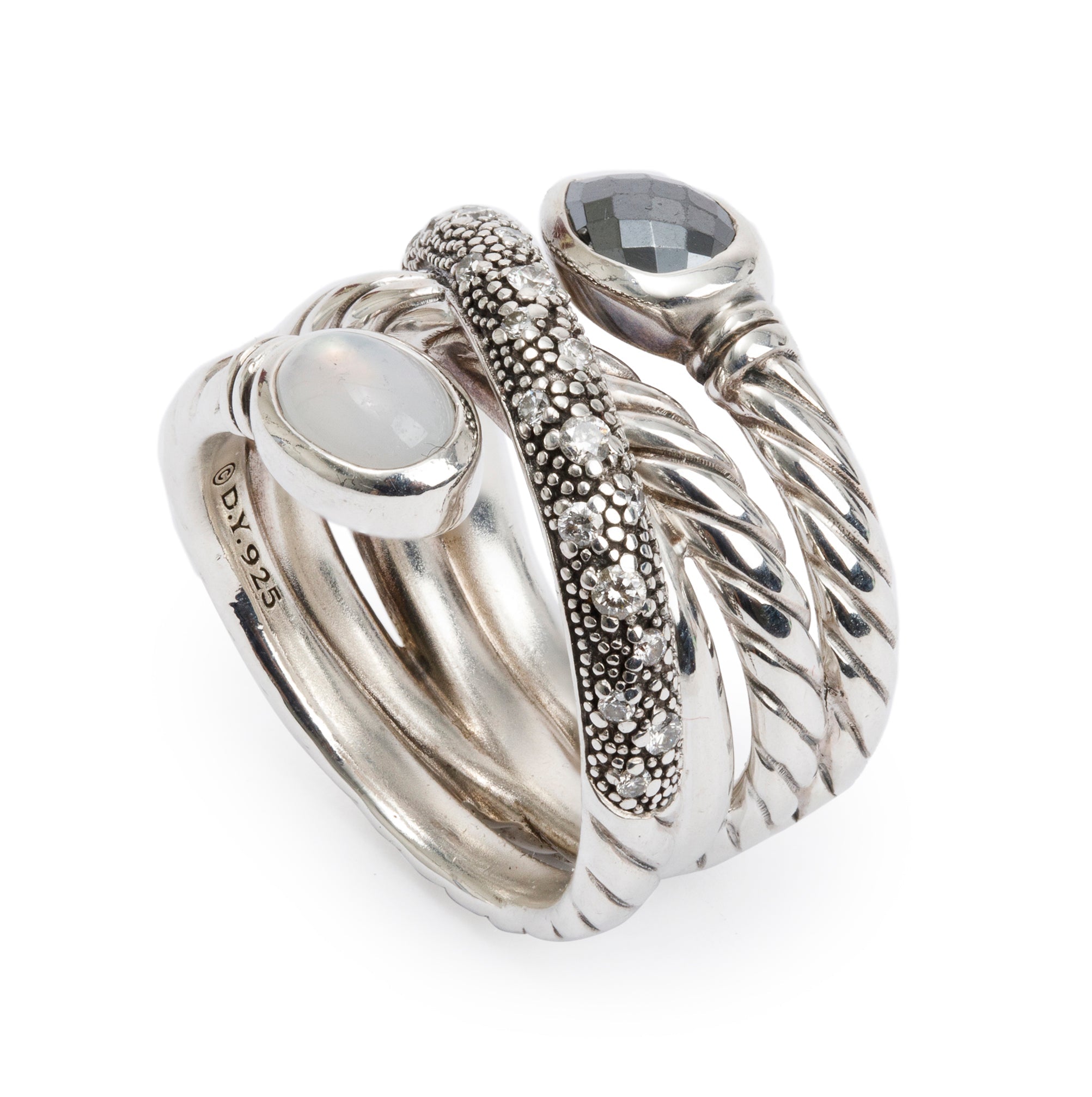David Yurman Sterling Silver Mother of Pearl Quartz Doublet, Hematine & Diamond Grisaille Crossover Ring, Size 8