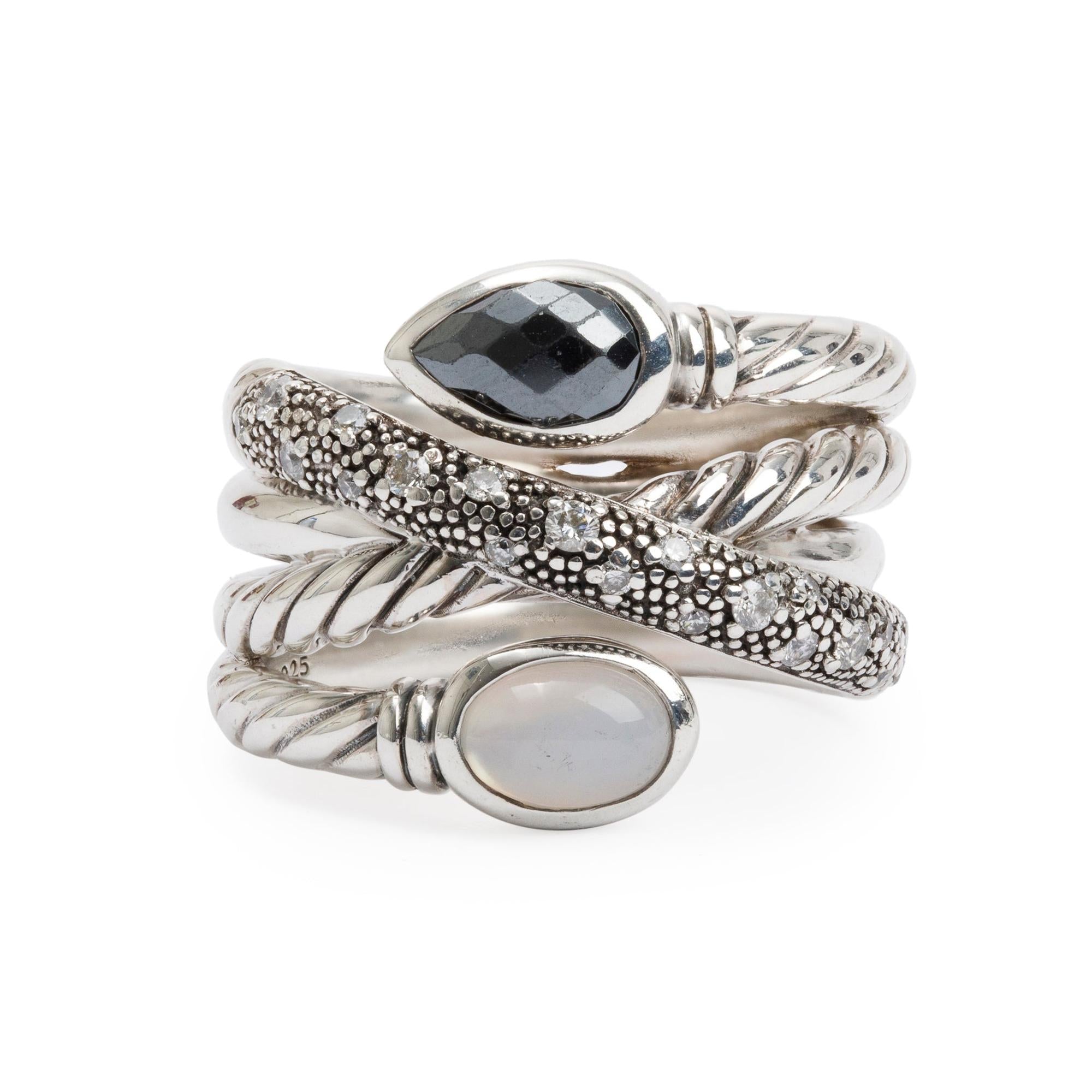 David Yurman Sterling Silver Mother of Pearl Quartz Doublet, Hematine & Diamond Grisaille Crossover Ring, Size 8
