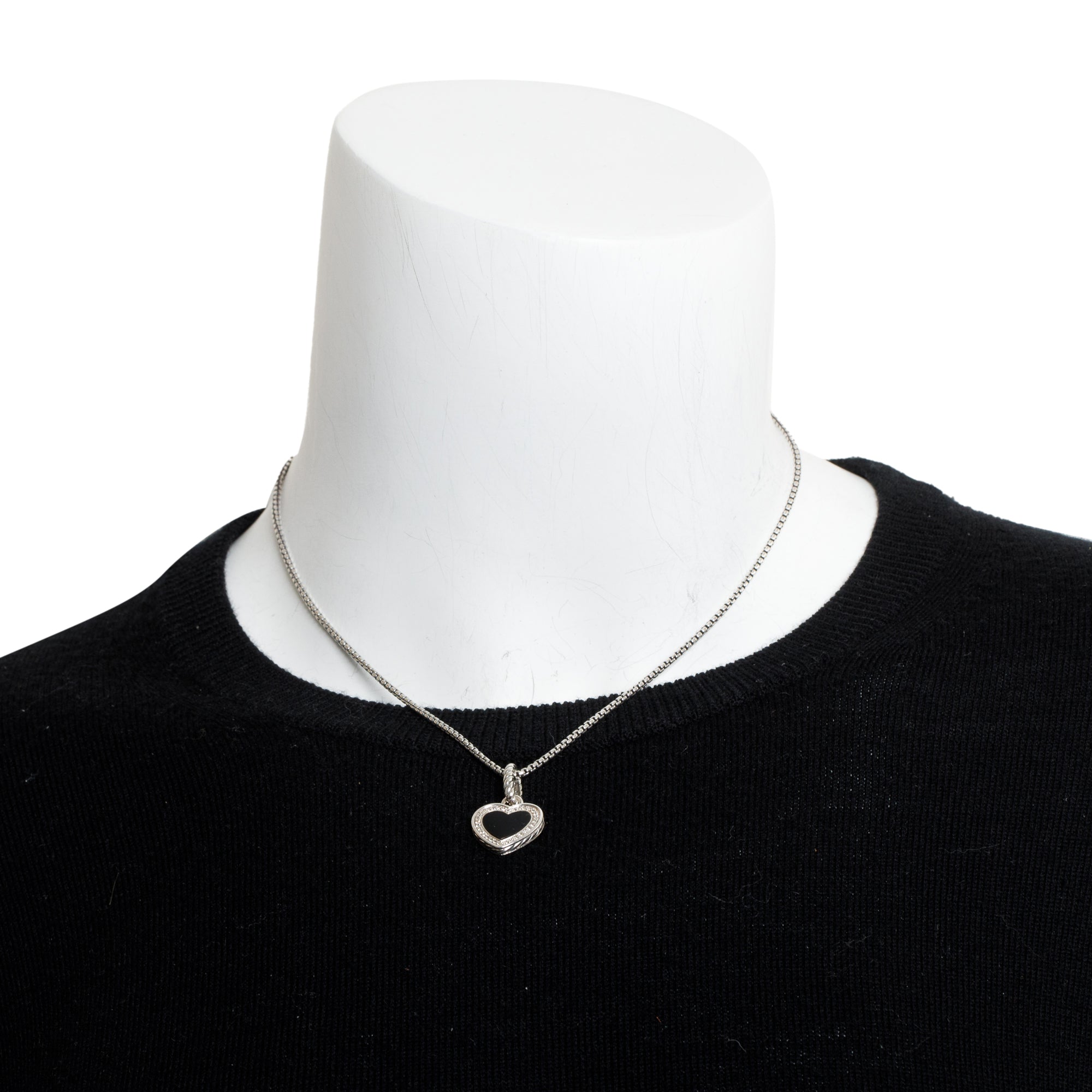 David Yurman Sterling Silver Onyx & Diamond Heart Pendant Necklace