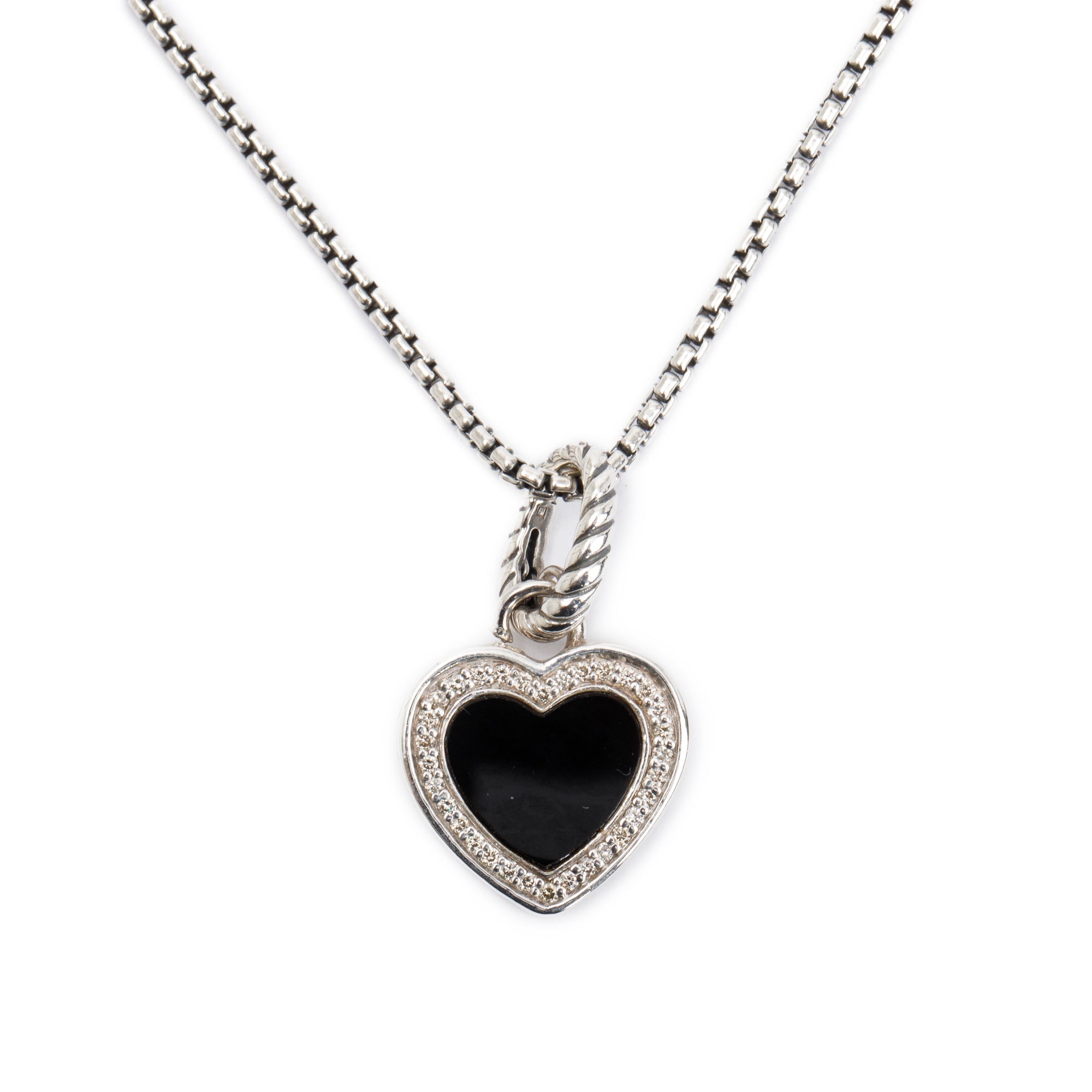 David Yurman Sterling Silver Onyx & Diamond Heart Pendant Necklace