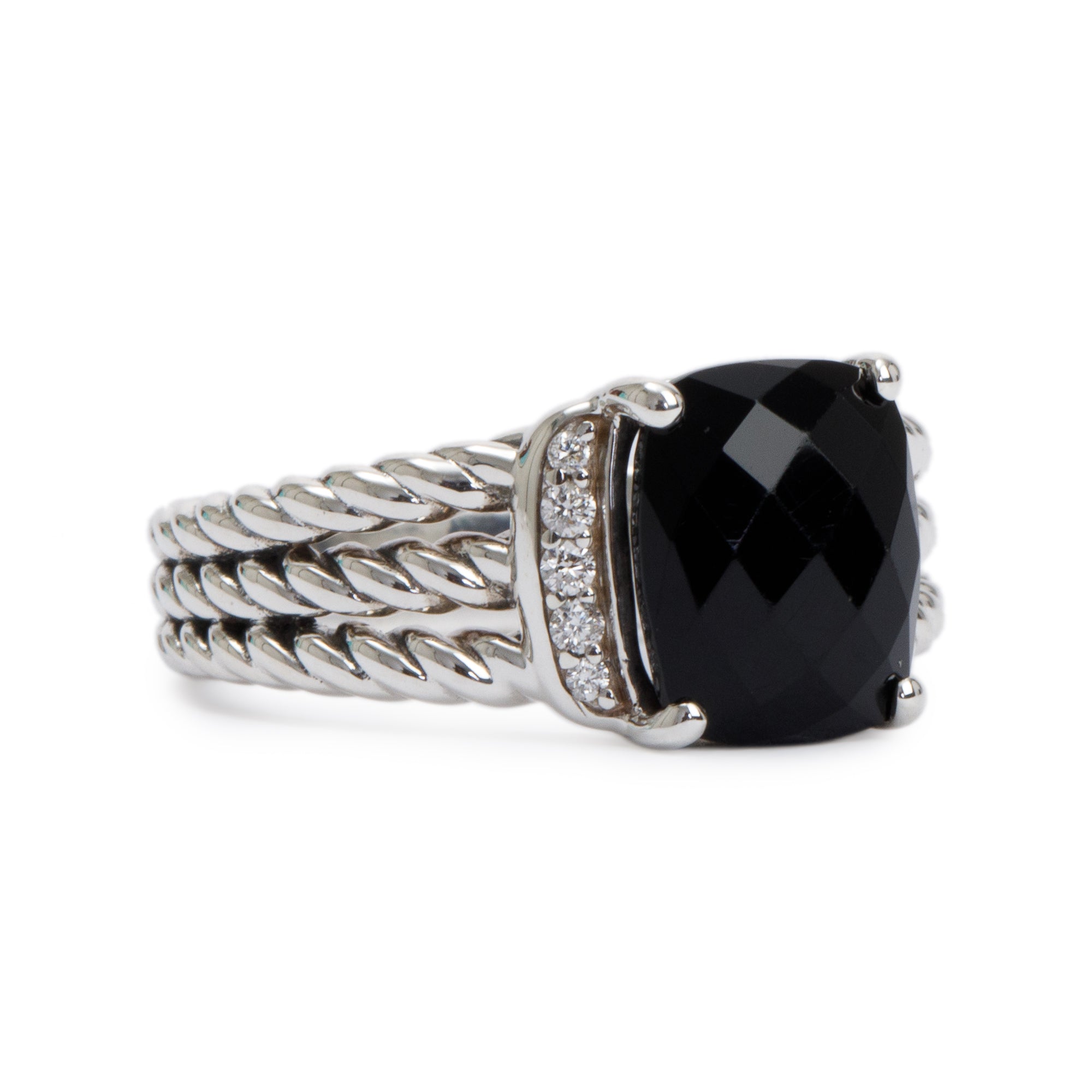 David Yurman Sterling Silver Onyx & Diamond Petite Wheaton Ring, Size 6.5