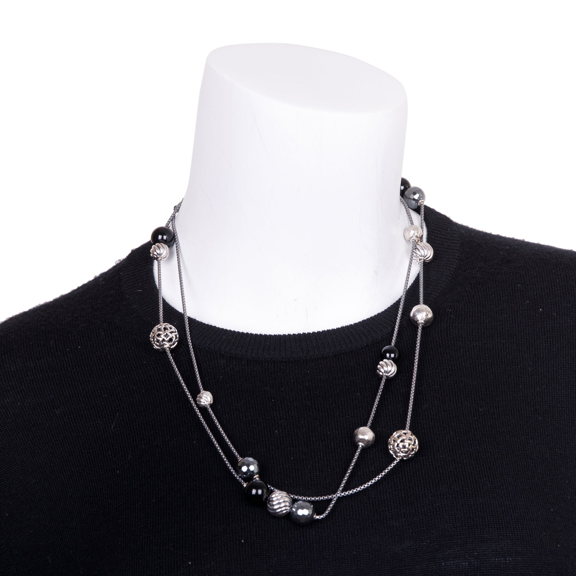 David Yurman Sterling Silver Onyx & Hematine Bead Elements Necklace