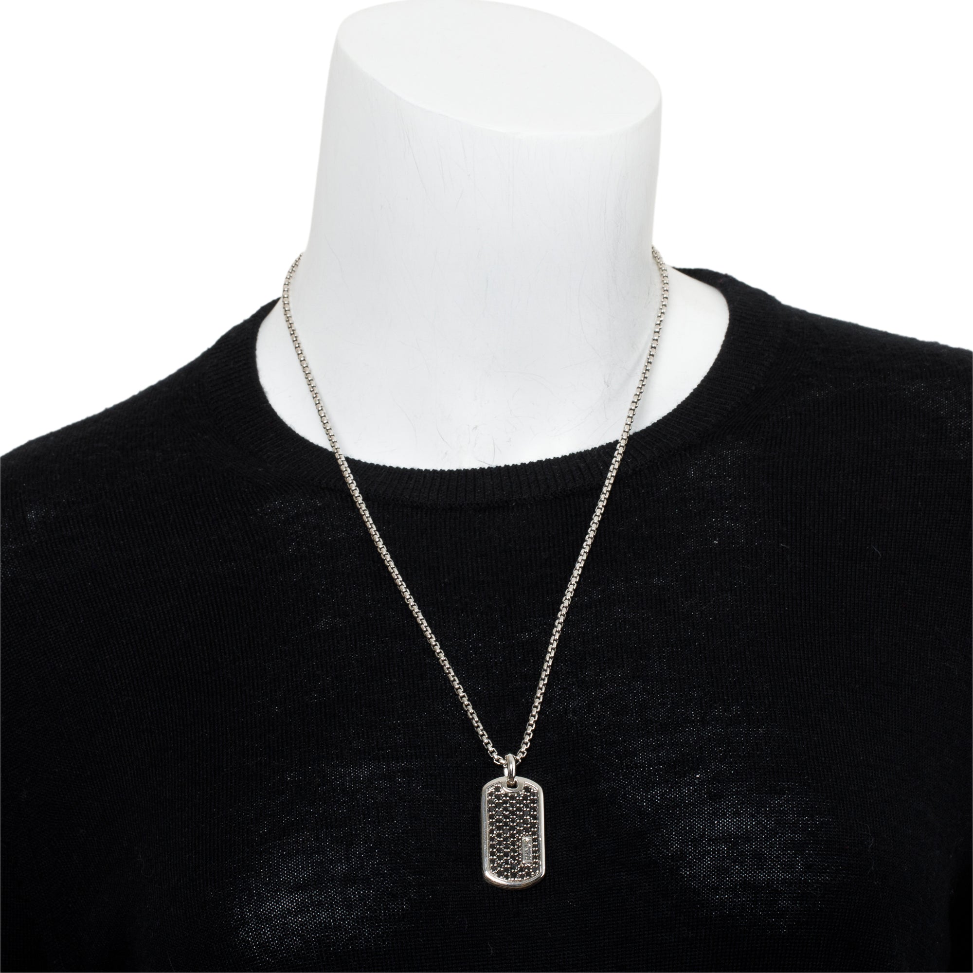 David Yurman Sterling Silver Pave Black Diamond 35MM Tag Pendant Necklace w/ Box