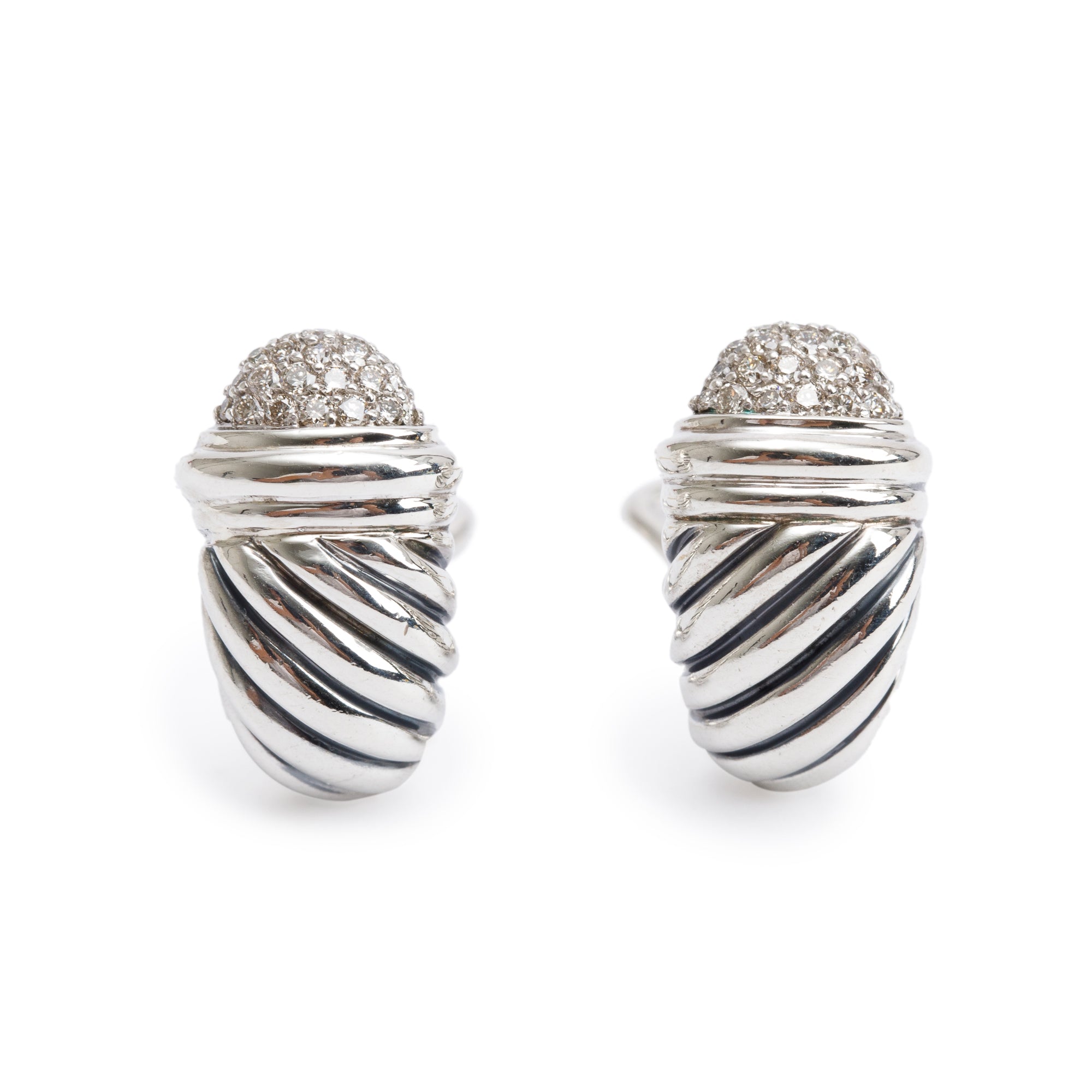 David Yurman Sterling Silver Pave Diamond Cable Shrimp Earrings