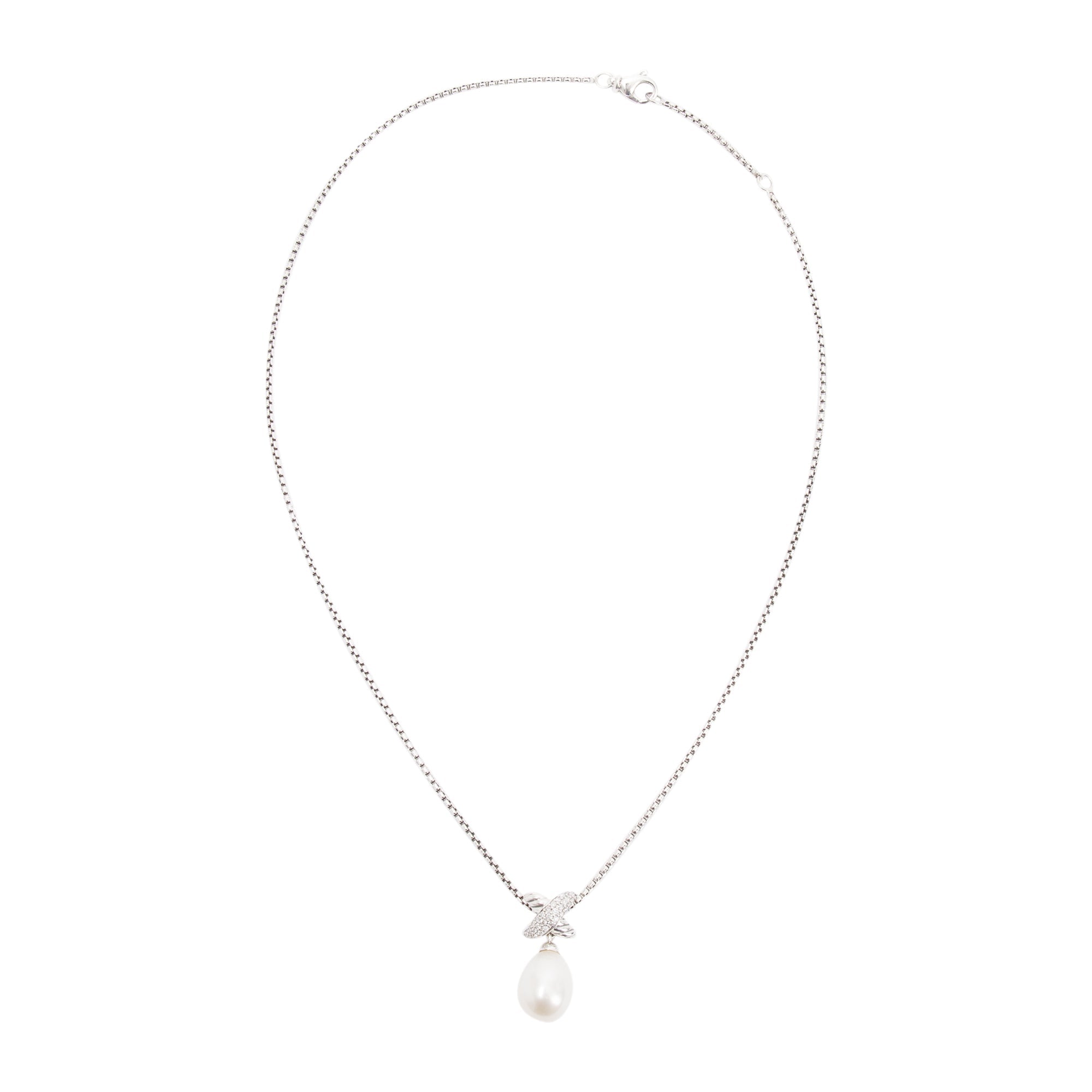 David Yurman Sterling Silver Pearl & Diamond Crossover X Pendant Necklace