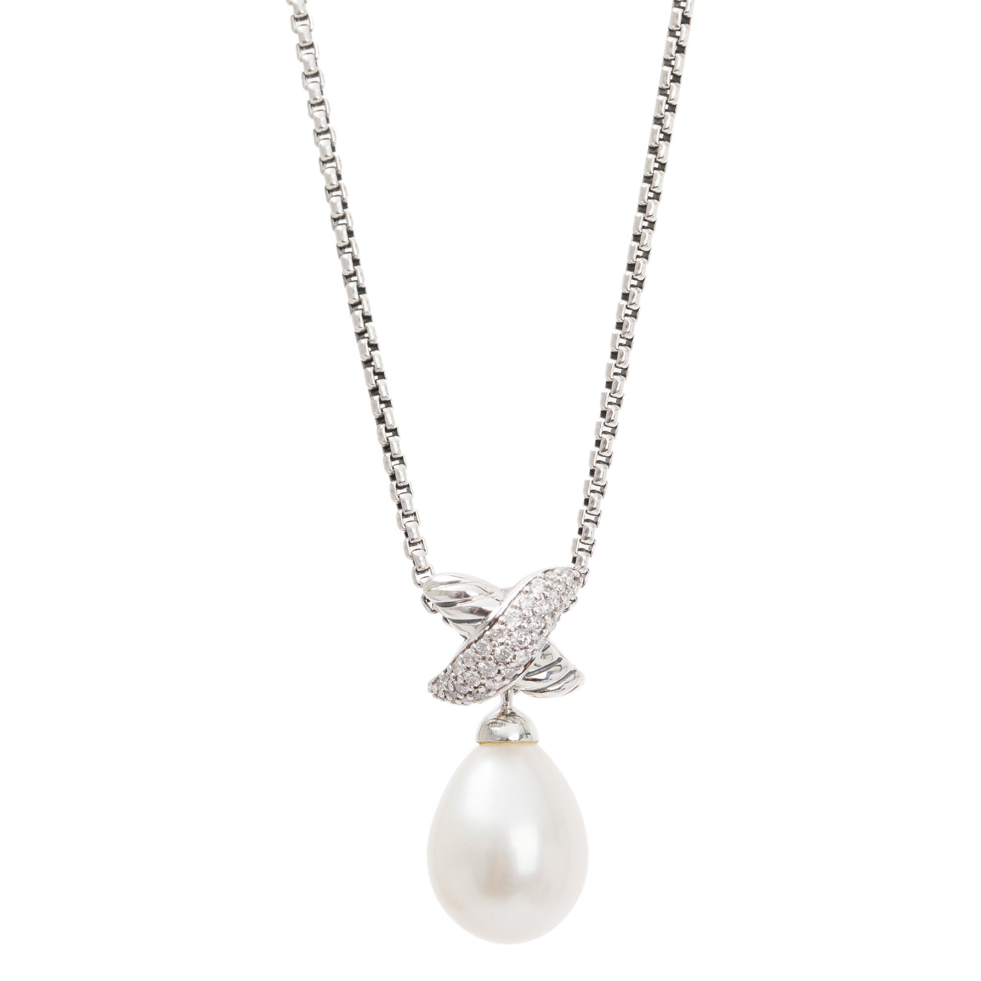 David Yurman Sterling Silver Pearl & Diamond Crossover X Pendant Necklace