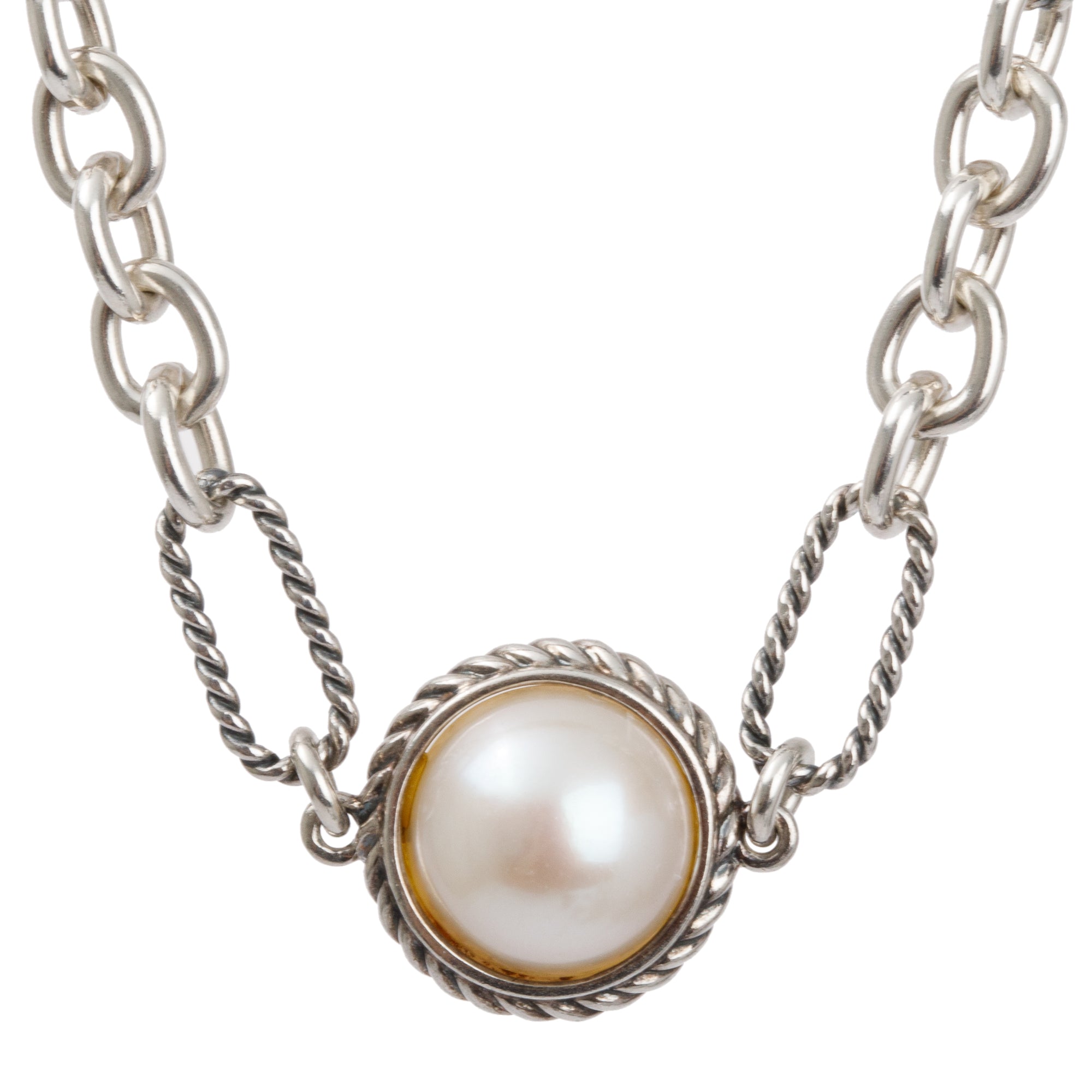 David Yurman Sterling Silver Pearl Figaro Chain Necklace