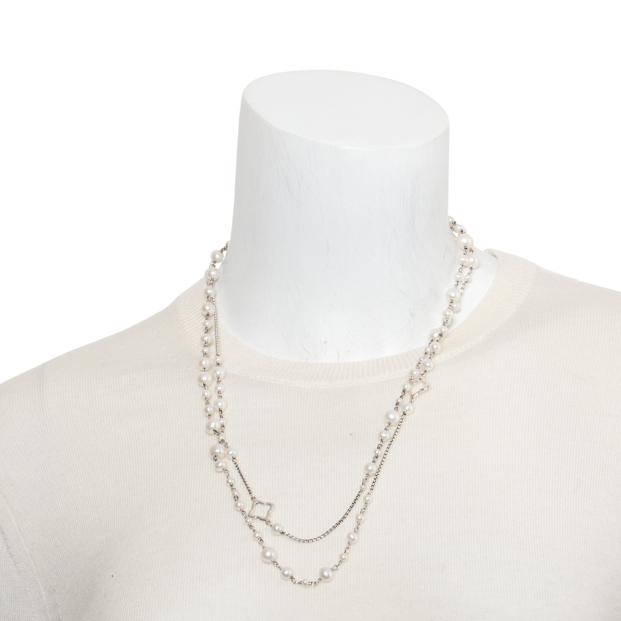 David Yurman Sterling Silver Pearl Quatrefoil Station Long Necklace