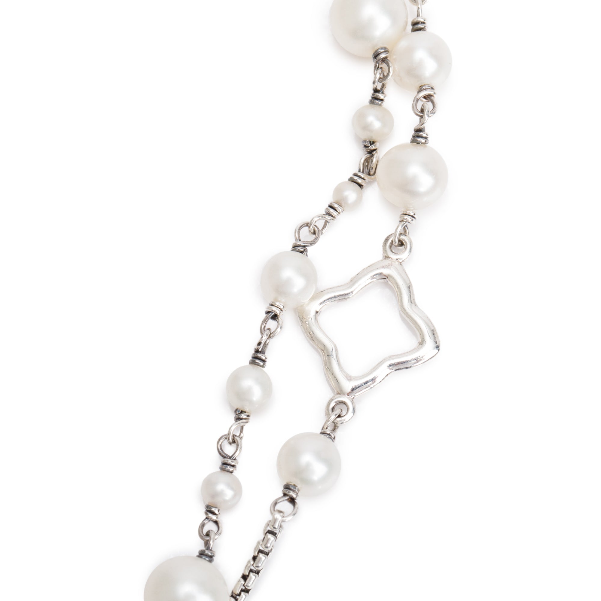 David Yurman Sterling Silver Pearl Quatrefoil Station Long Necklace