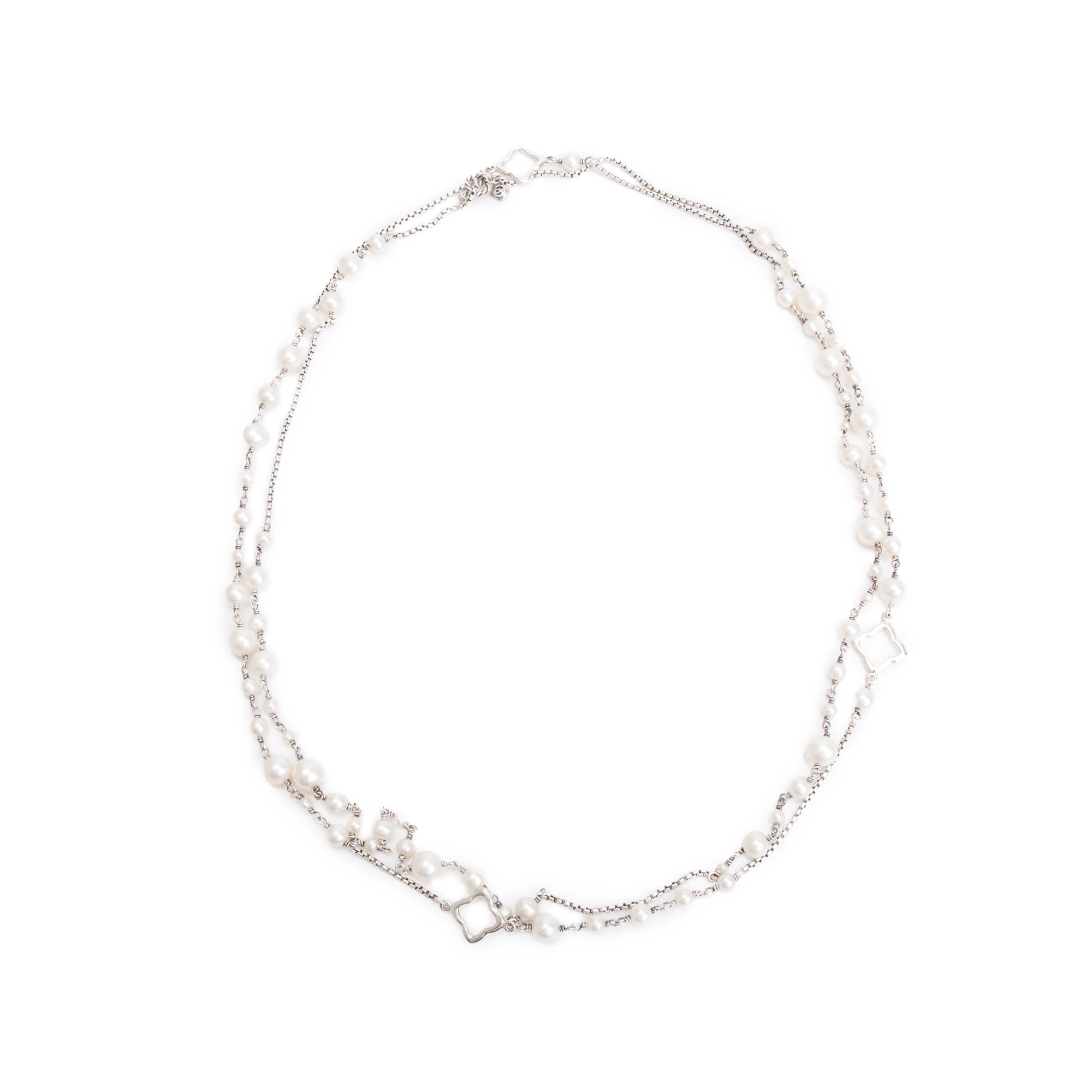 David Yurman Sterling Silver Pearl Quatrefoil Station Long Necklace