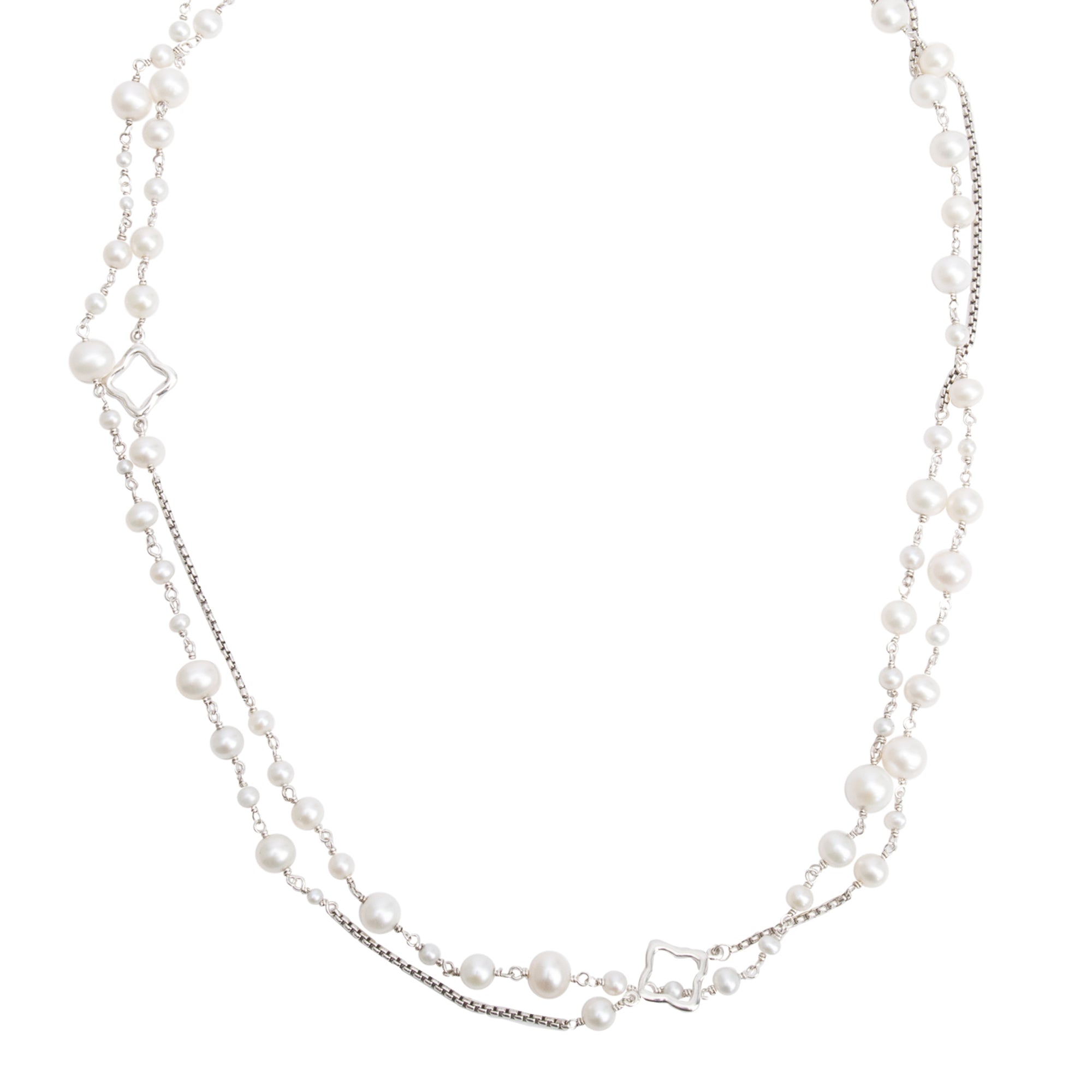 David Yurman Sterling Silver Pearl Quatrefoil Station Long Necklace
