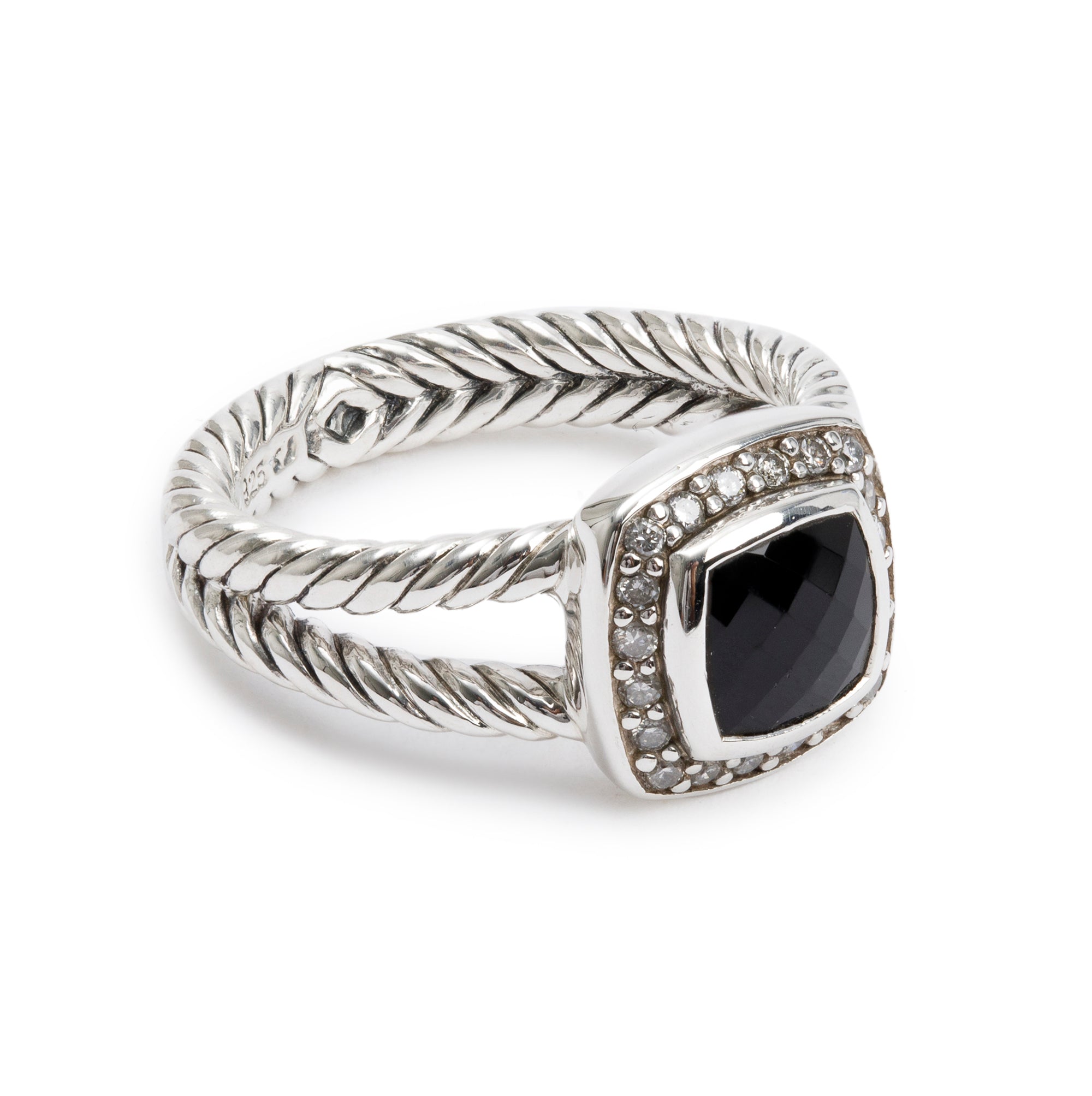 David Yurman Sterling Silver Petite Albion Ring with Black Onyx & Diamonds, Size 6