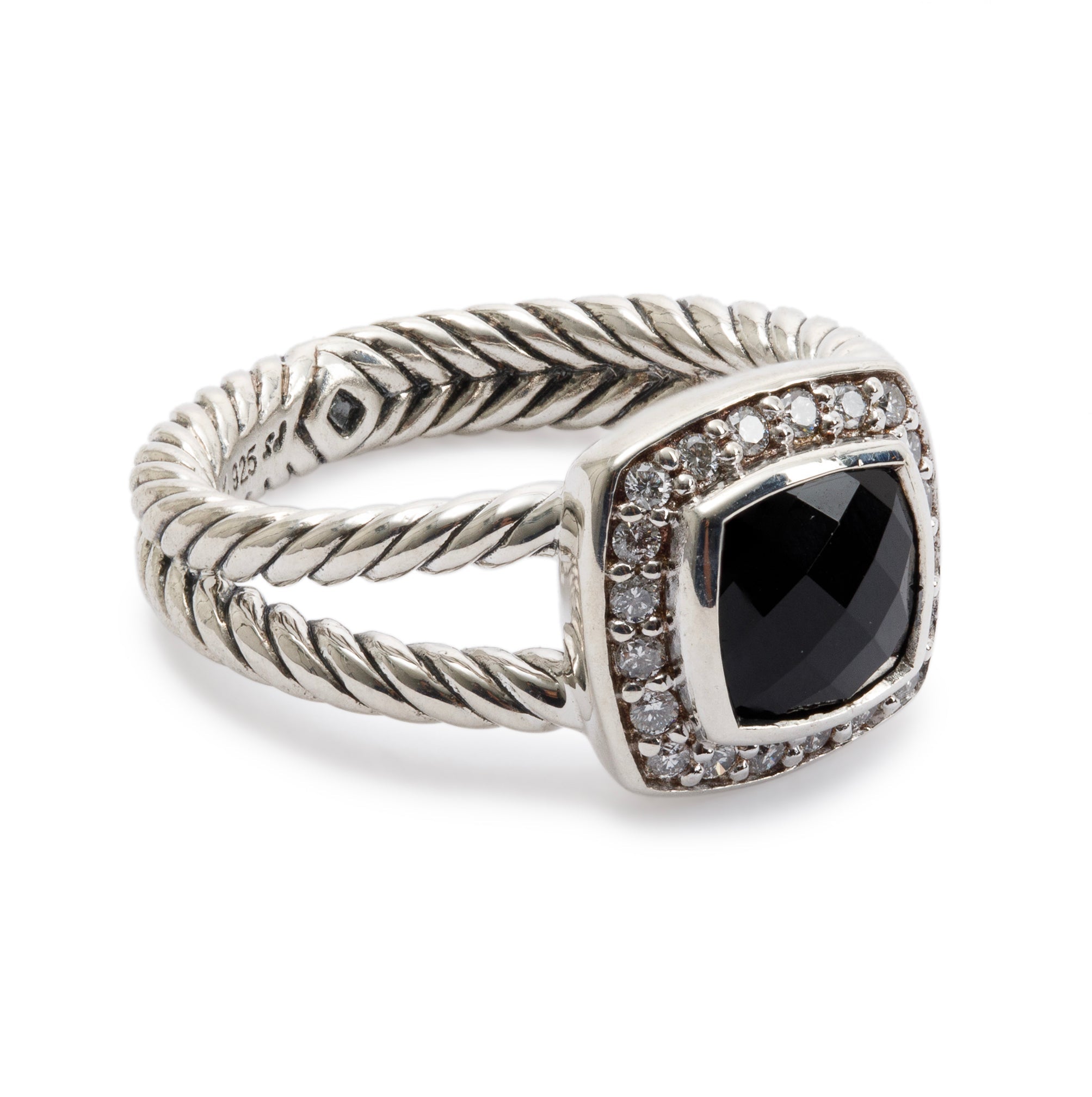 David Yurman Sterling Silver Petite Albion Ring with Black Onyx and Diamonds w/ Box