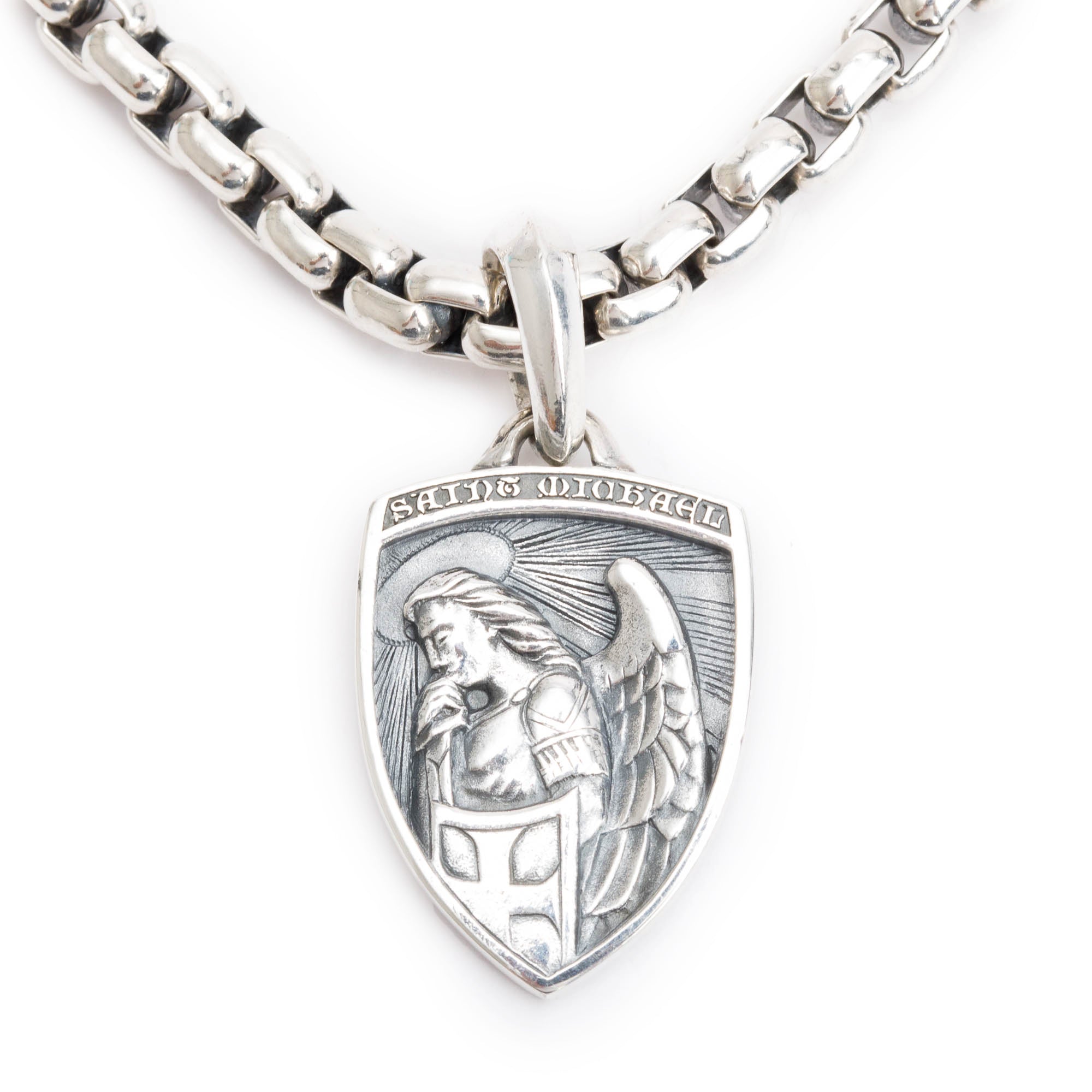 David Yurman Sterling Silver St. Michael Amulet On 4.8 MM Box Chain Necklace
