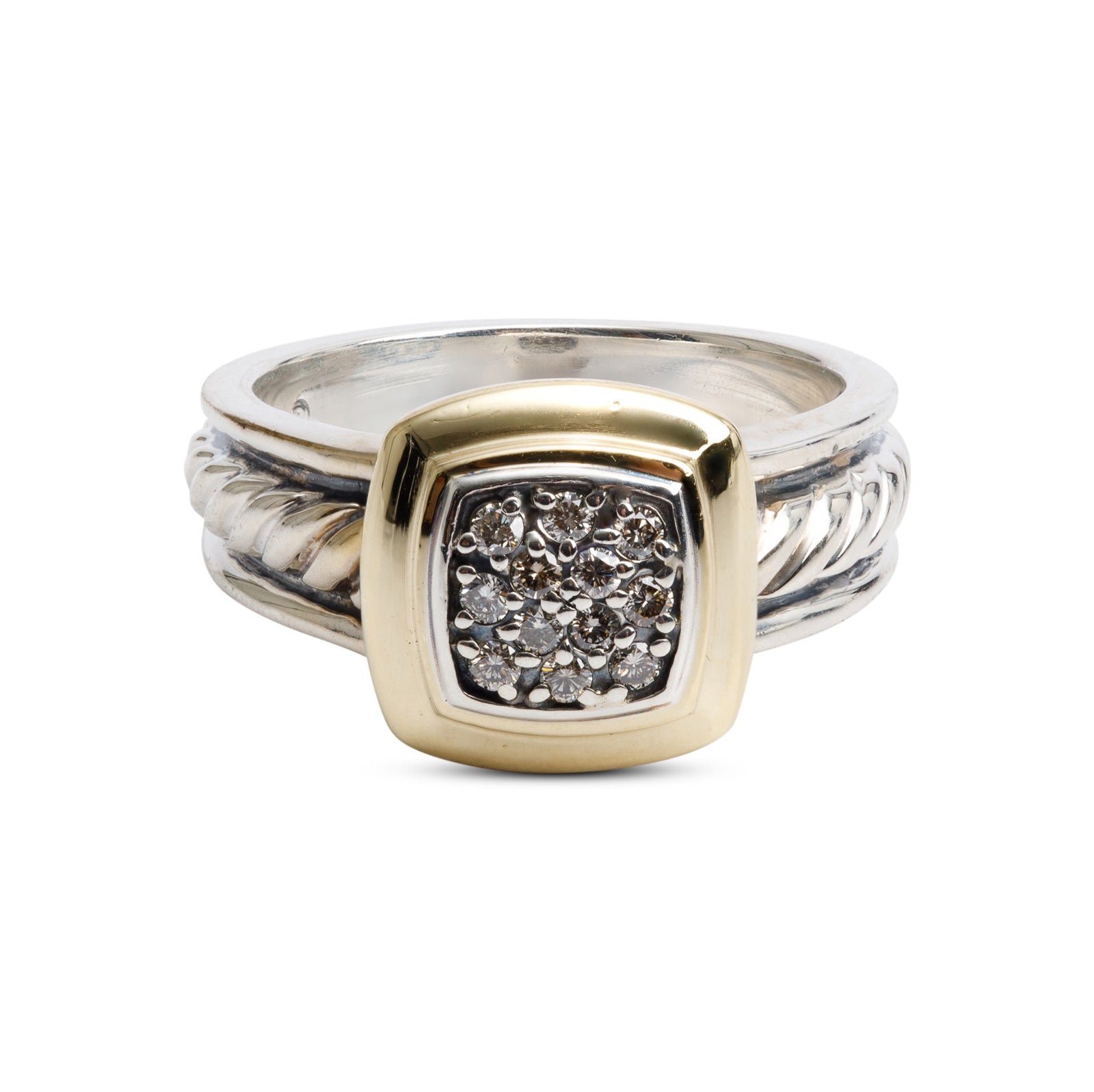 David Yurman Vintage Sterling Silver & 18k Yellow Gold Diamond Cable Cocktail Ring, Size 7