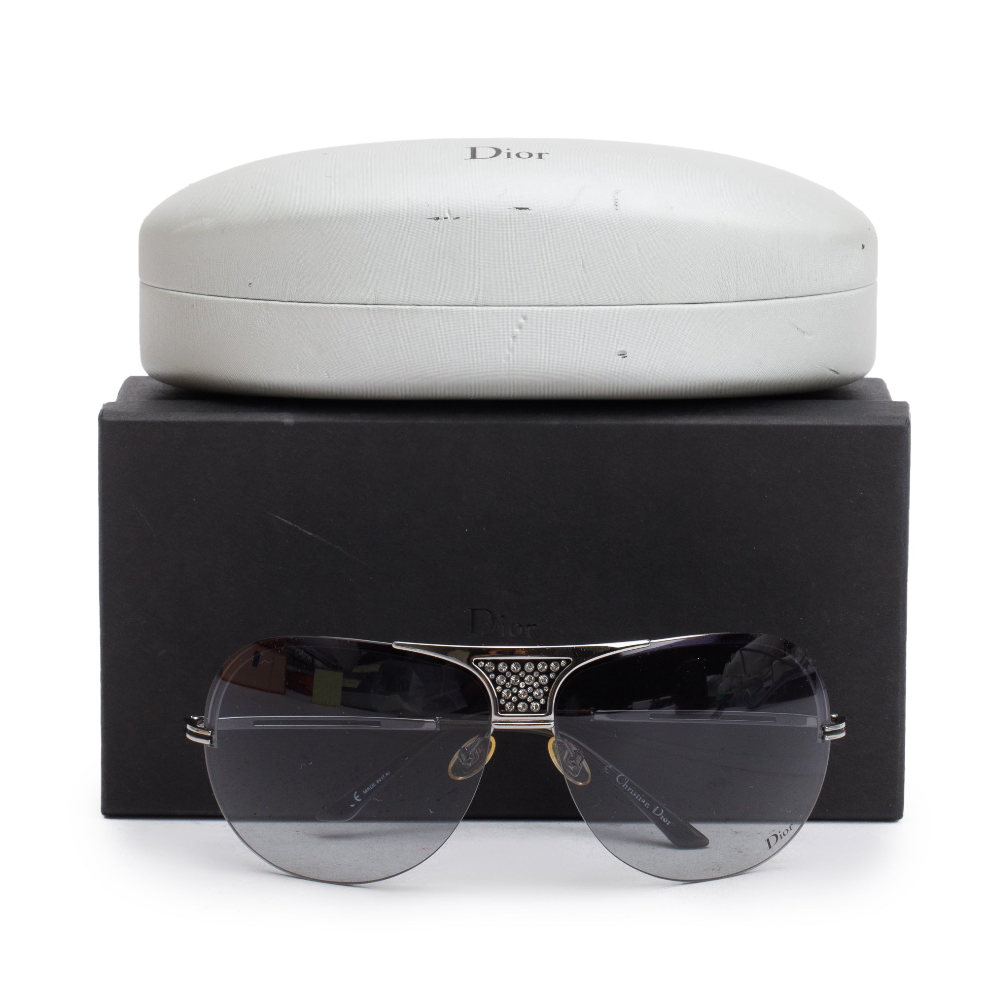 Dior Ruthenium Metal Frame Crystal Aviator Shield Sunglasses w/ Box & Case