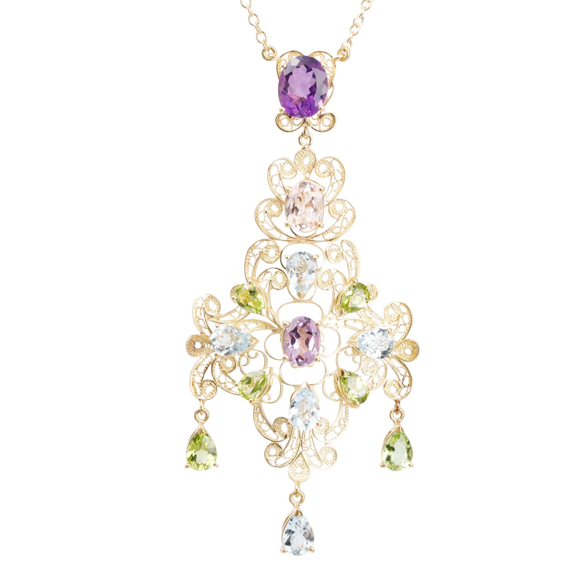 Dolce & Gabbana 18k Yellow Gold Filigree Multicolor Stone Pizzo Necklace w/ Box