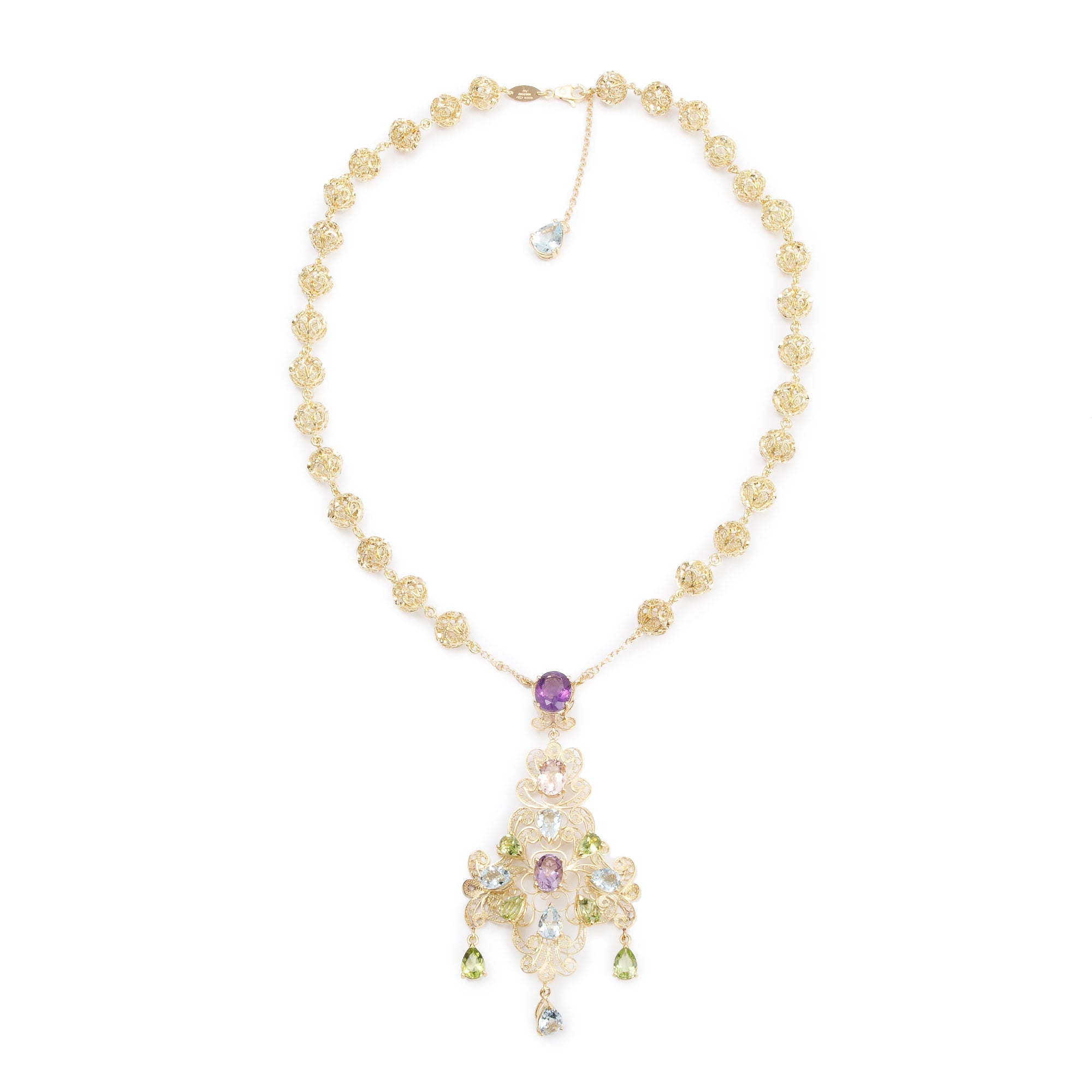 Dolce & Gabbana 18k Yellow Gold Filigree Multicolor Stone Pizzo Necklace w/ Box