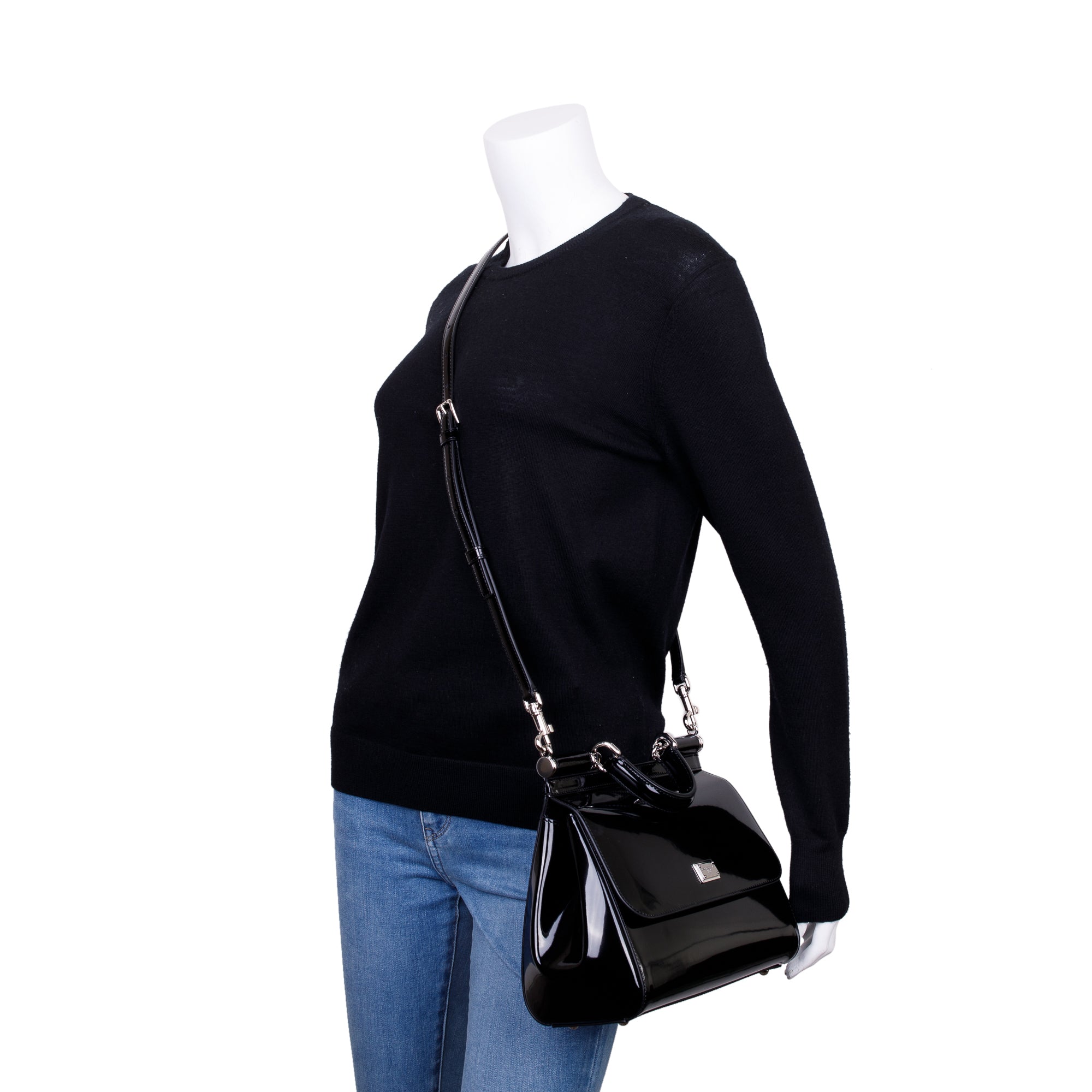 Dolce & Gabbana Black Patent Leather Medium Kim Sicily Bag w/ Strap & Box