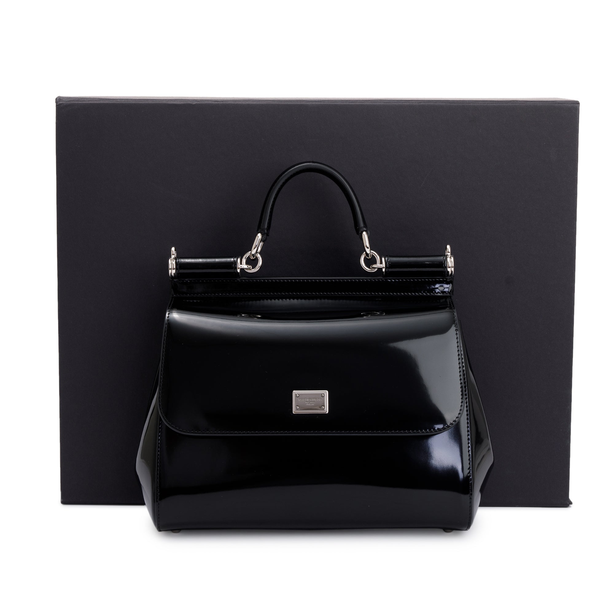 Dolce & Gabbana Black Patent Leather Medium Kim Sicily Bag w/ Strap & Box