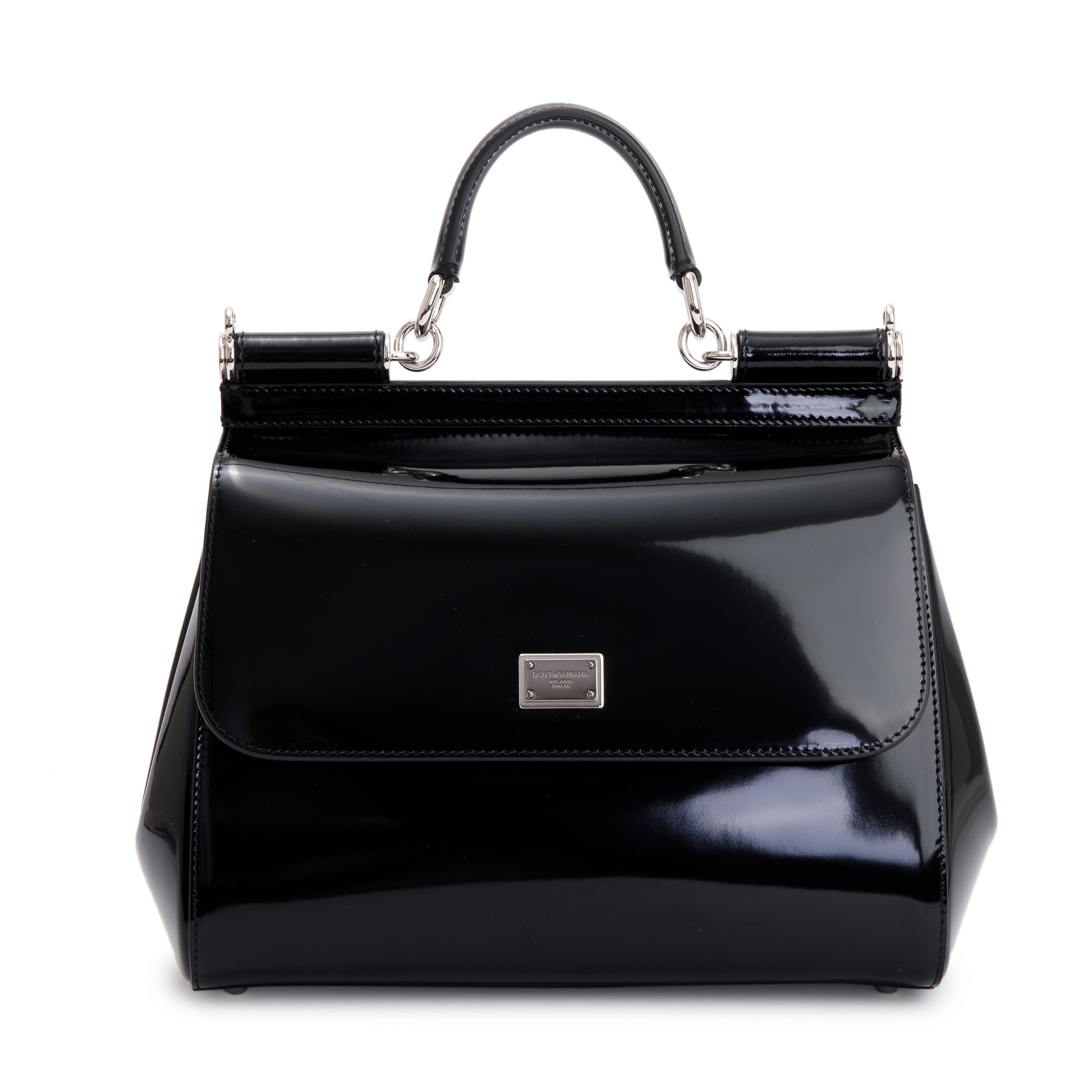 Dolce & Gabbana Black Patent Leather Medium Kim Sicily Bag w/ Strap & Box