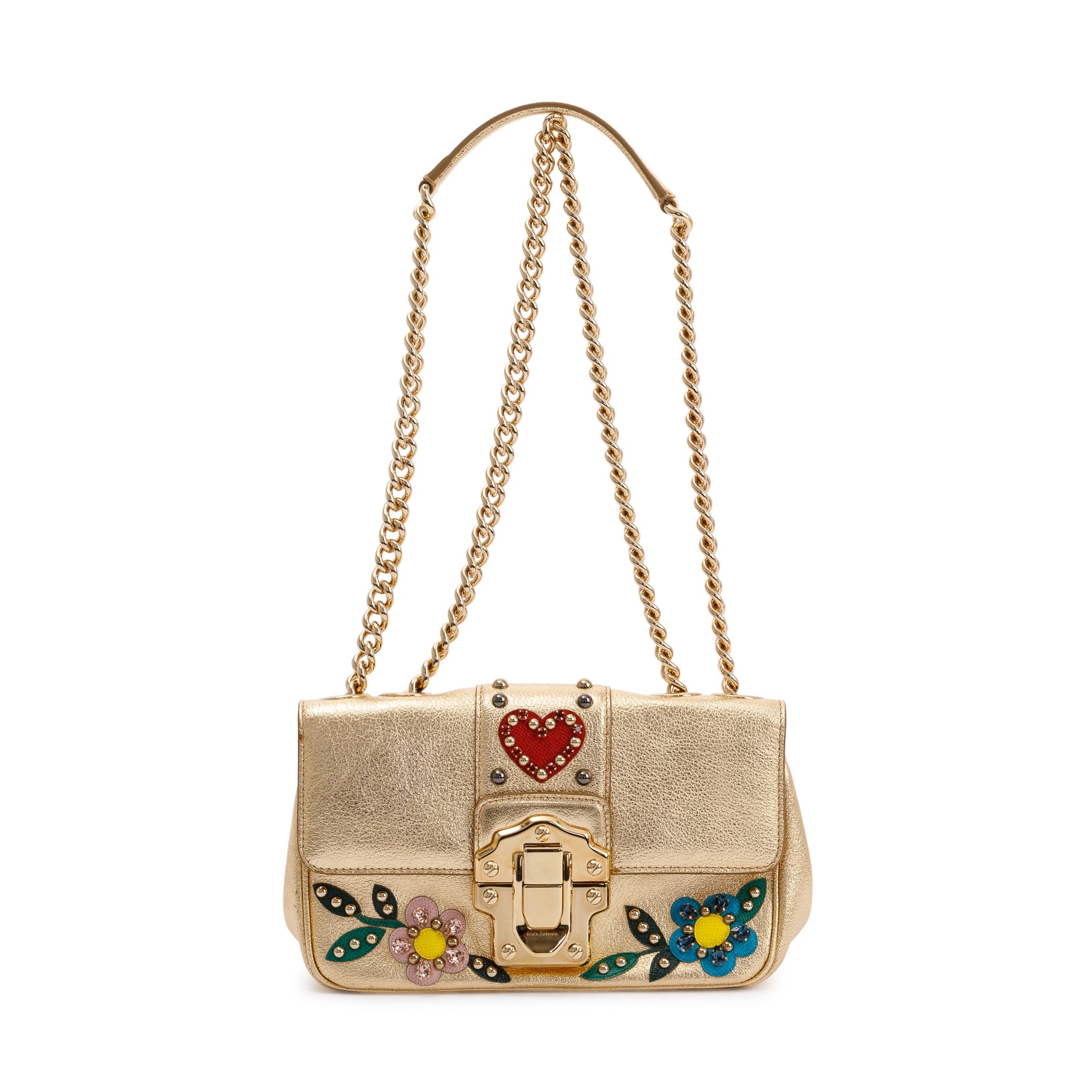 Dolce & Gabbana Embellished Metallic Gold Leather Lucia Shoulder Bag w/ Authenticity Card