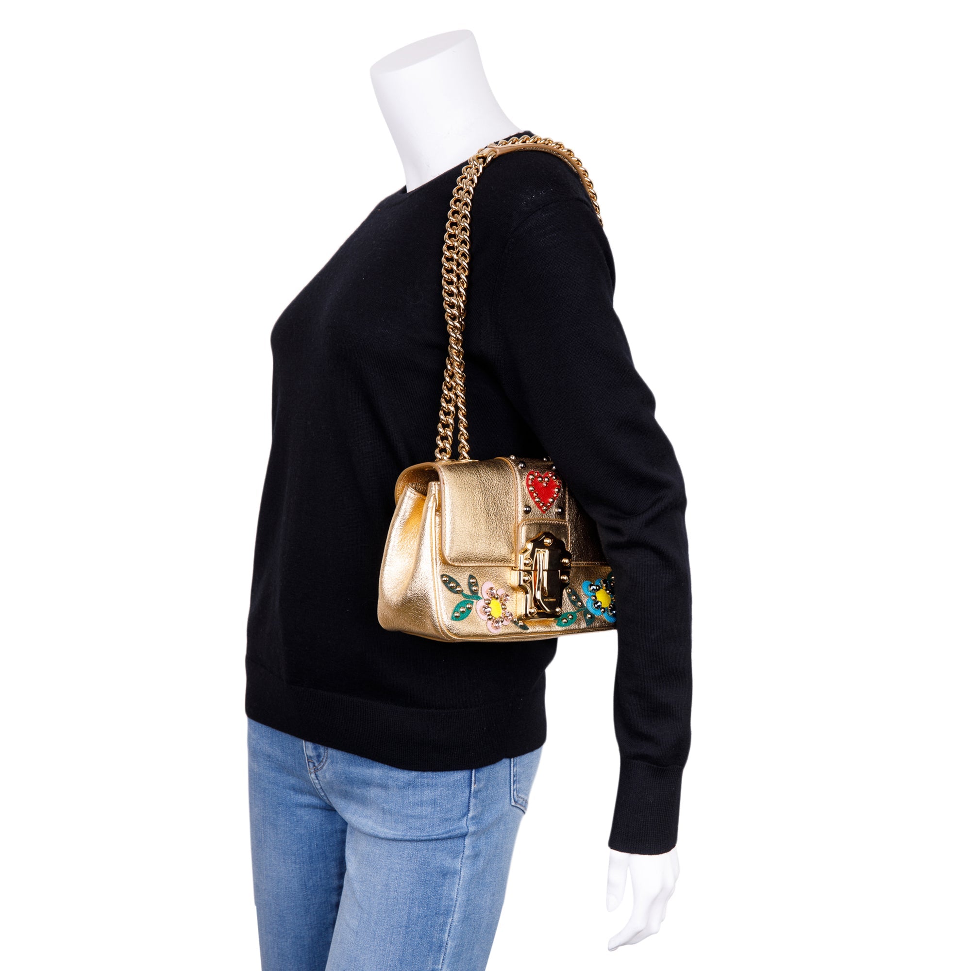 Dolce & Gabbana Embellished Metallic Gold Leather Lucia Shoulder Bag w/ Authenticity Card