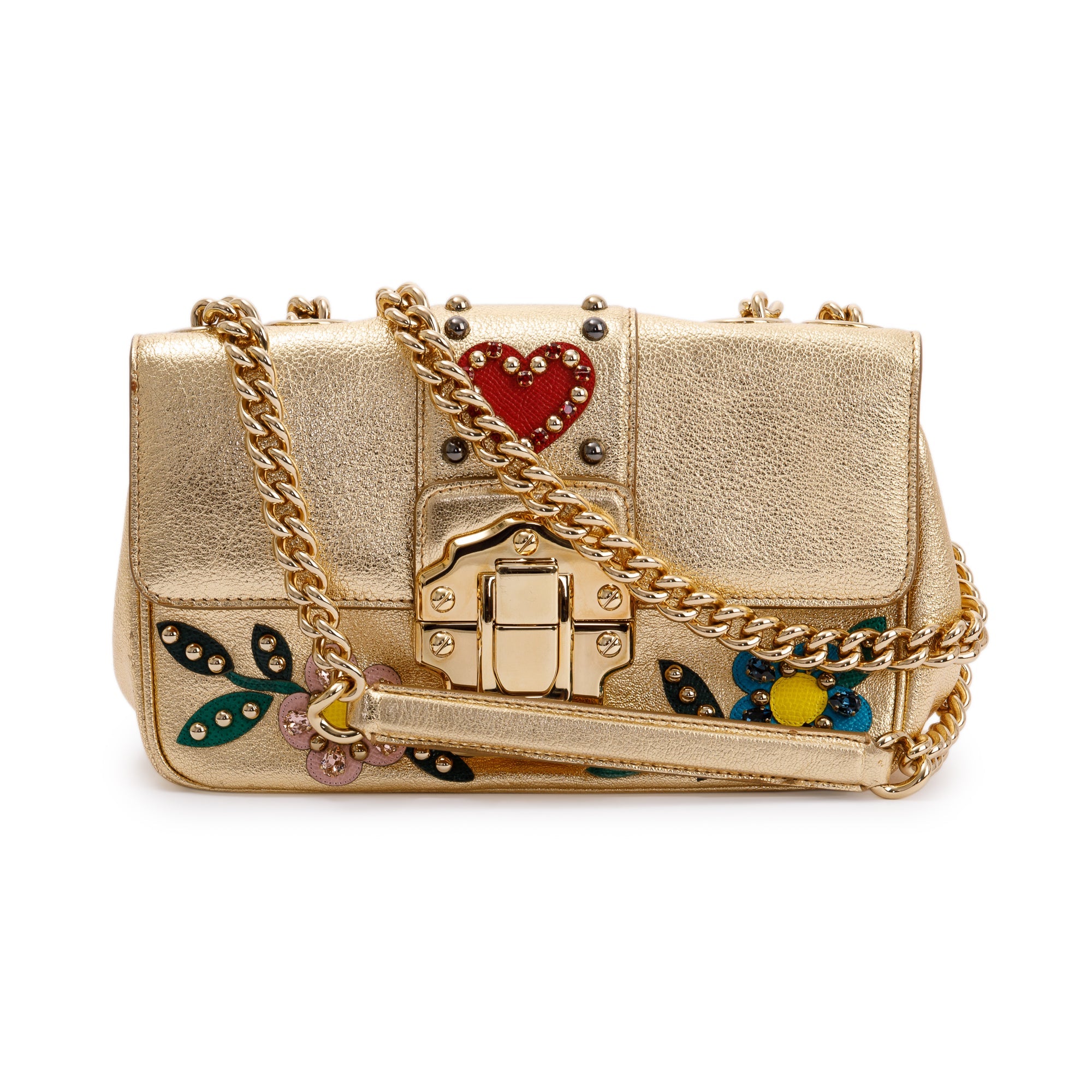 Dolce & Gabbana Embellished Metallic Gold Leather Lucia Shoulder Bag w/ Authenticity Card