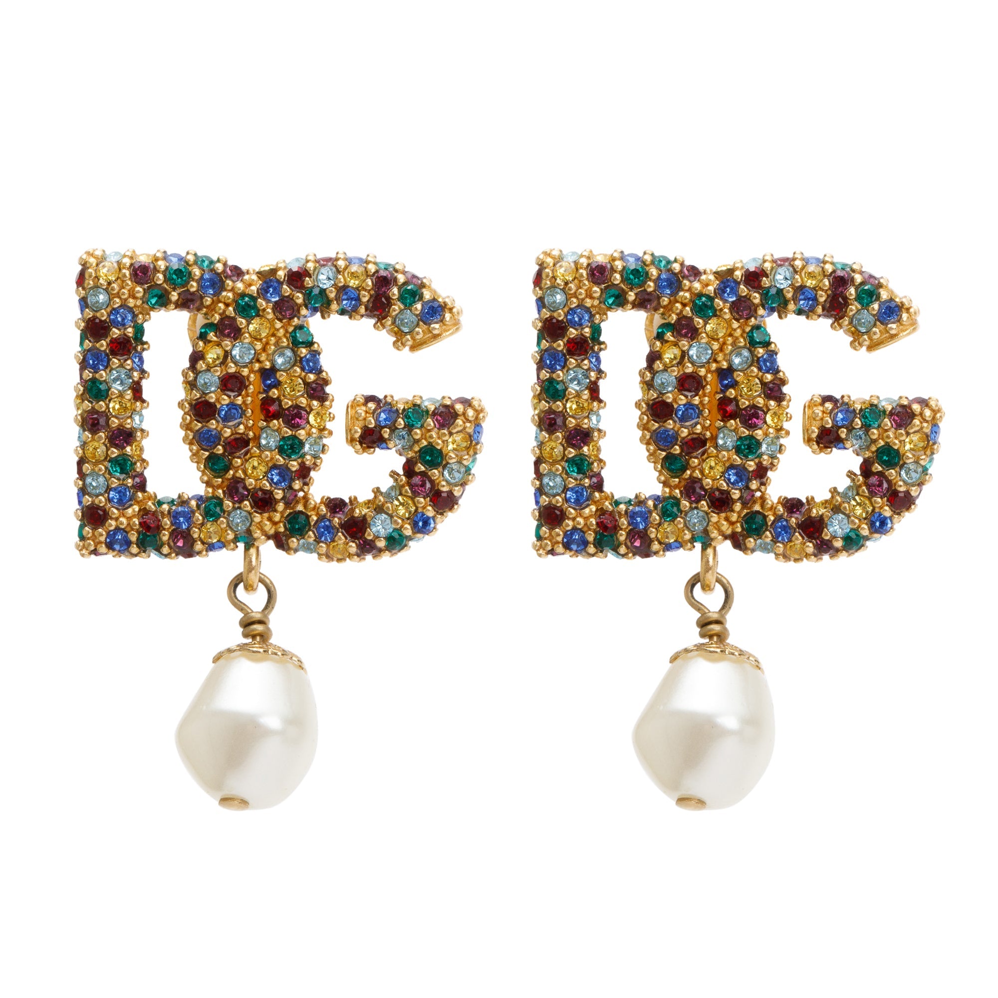 Dolce & Gabbana Gold Plated Multicolour Crystal & Faux Pearl Logo Clip-On Earrings
